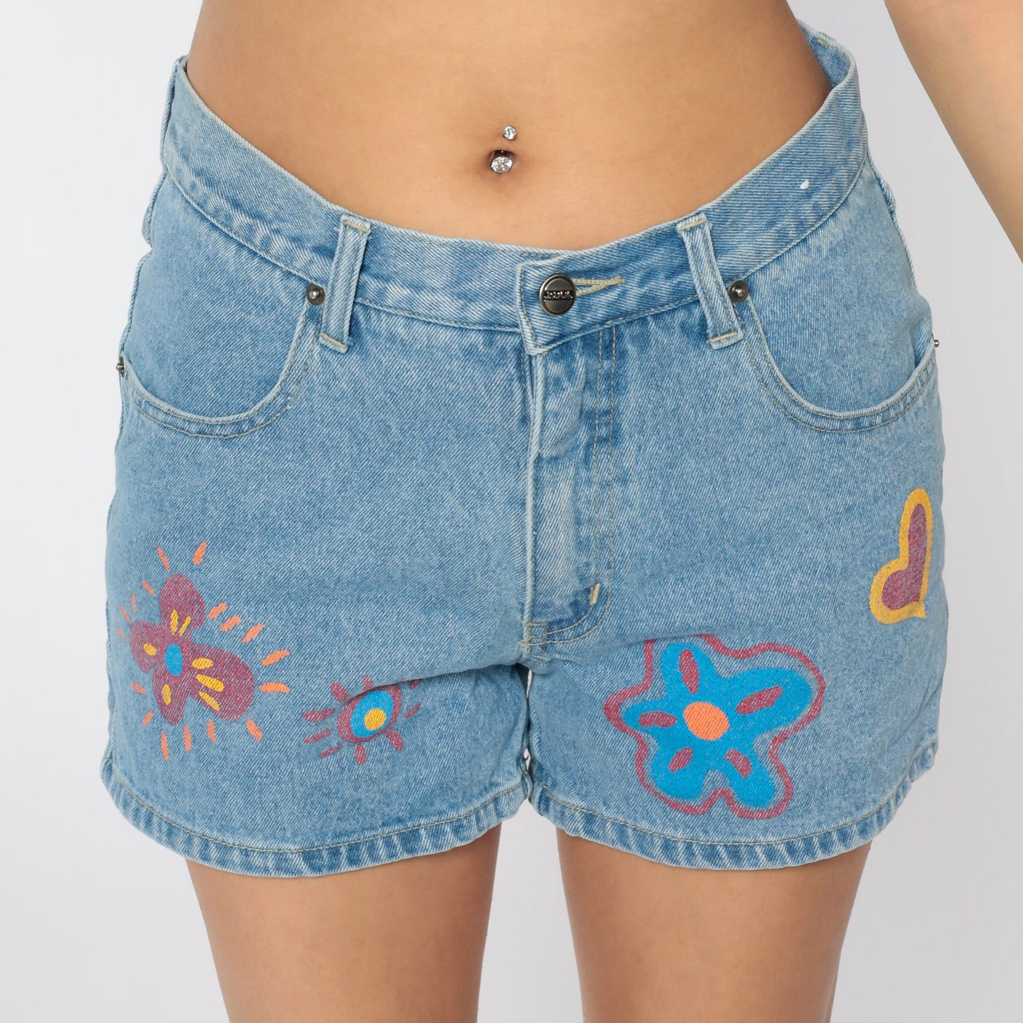 90s Junk Jeans Denim Shorts Painted Flower Heart Print Blue Medium
