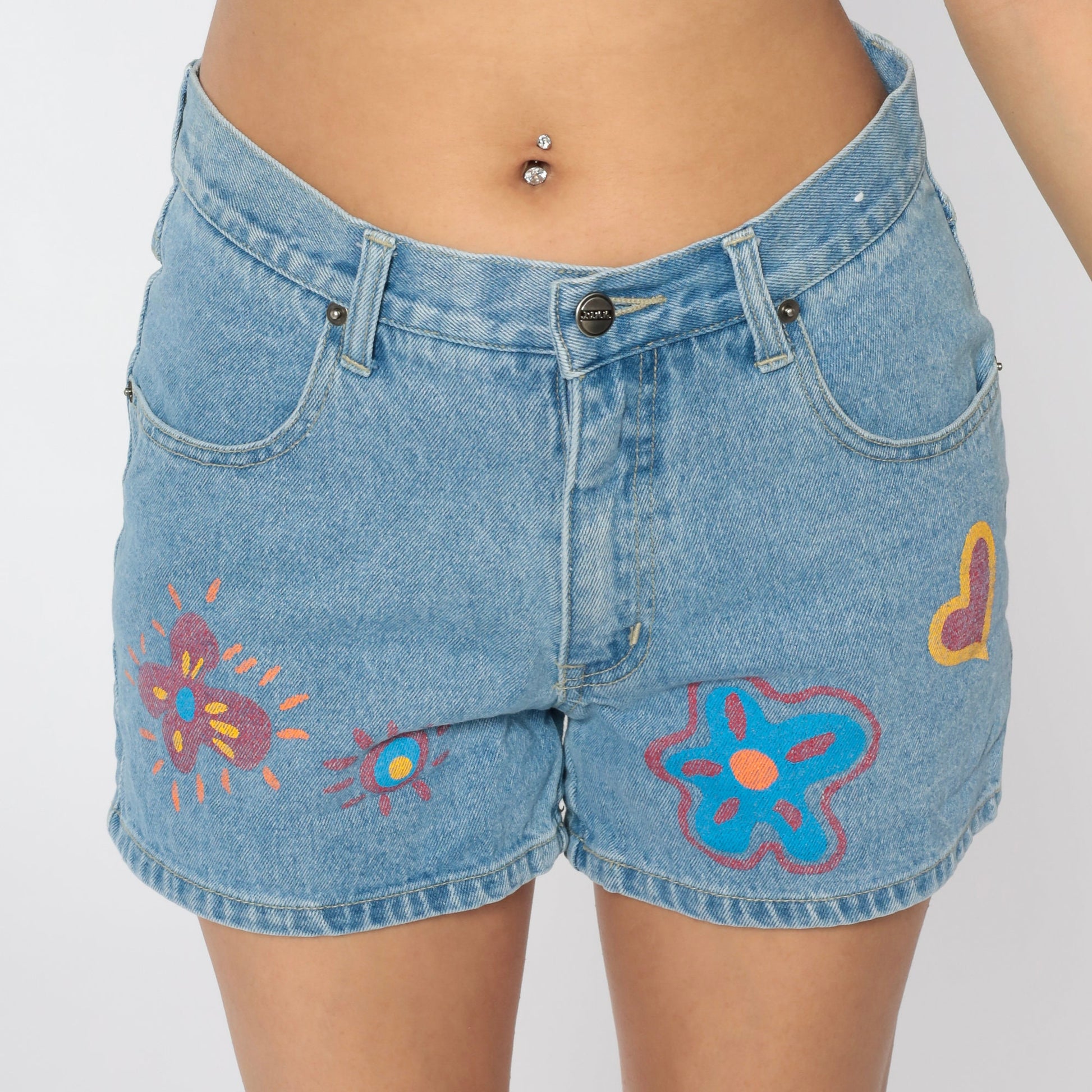 90s Junk Jeans Denim Shorts Painted Flower Heart Print Blue Medium