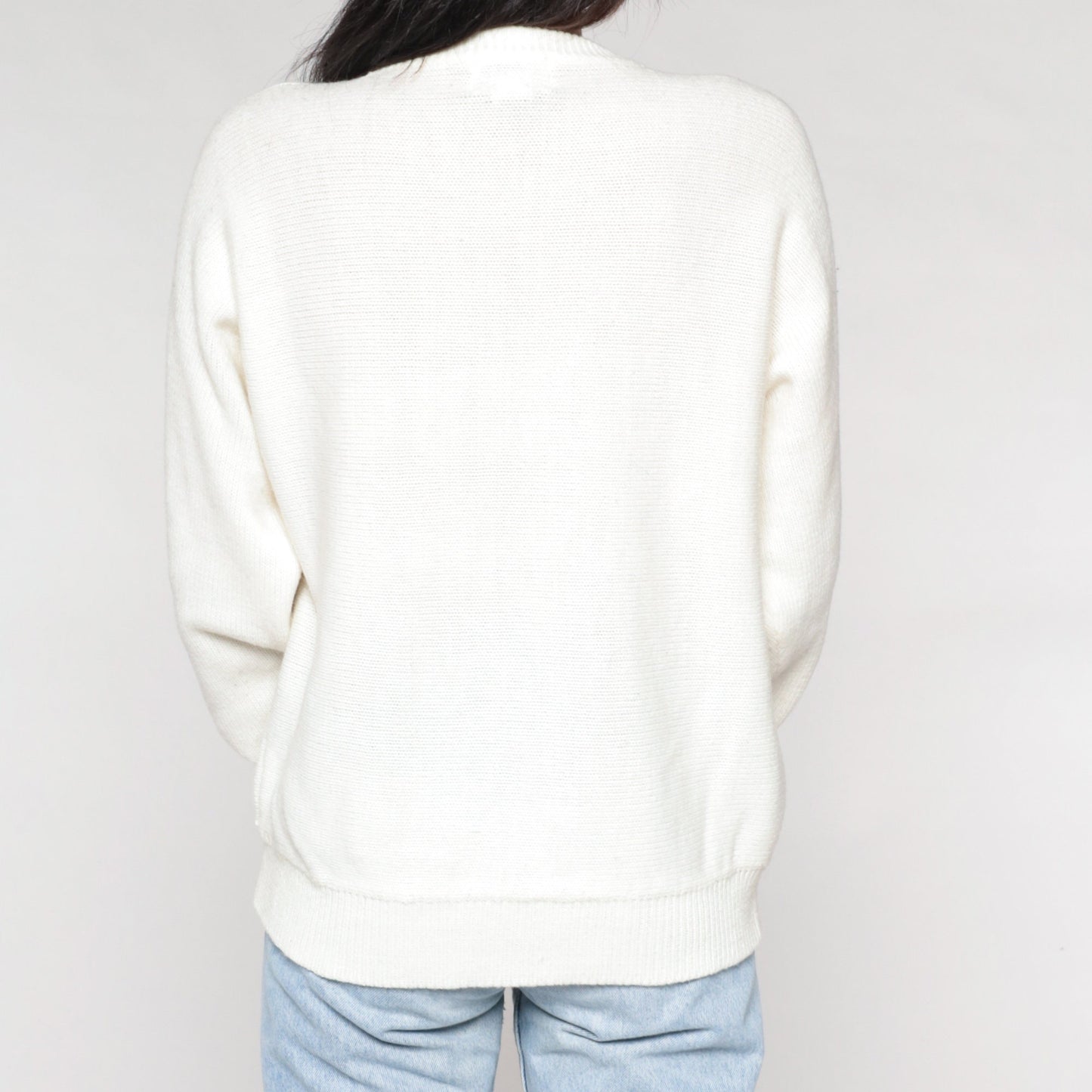 90s White Floral Sequin Beaded Sweater Dolman Sleeve Knit Large