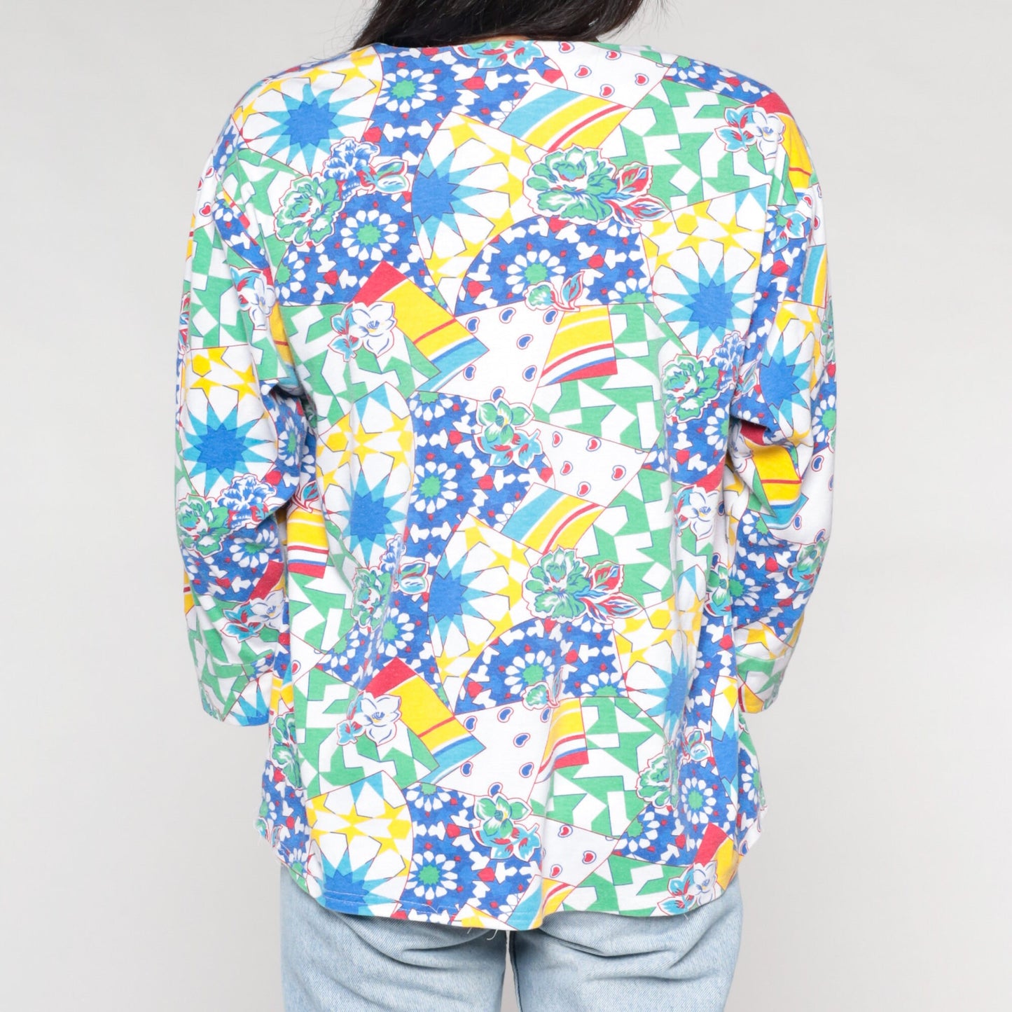 90s Abstract Floral Print Blouse Colorful Psychedelic 3/4 Sleeve White Large L