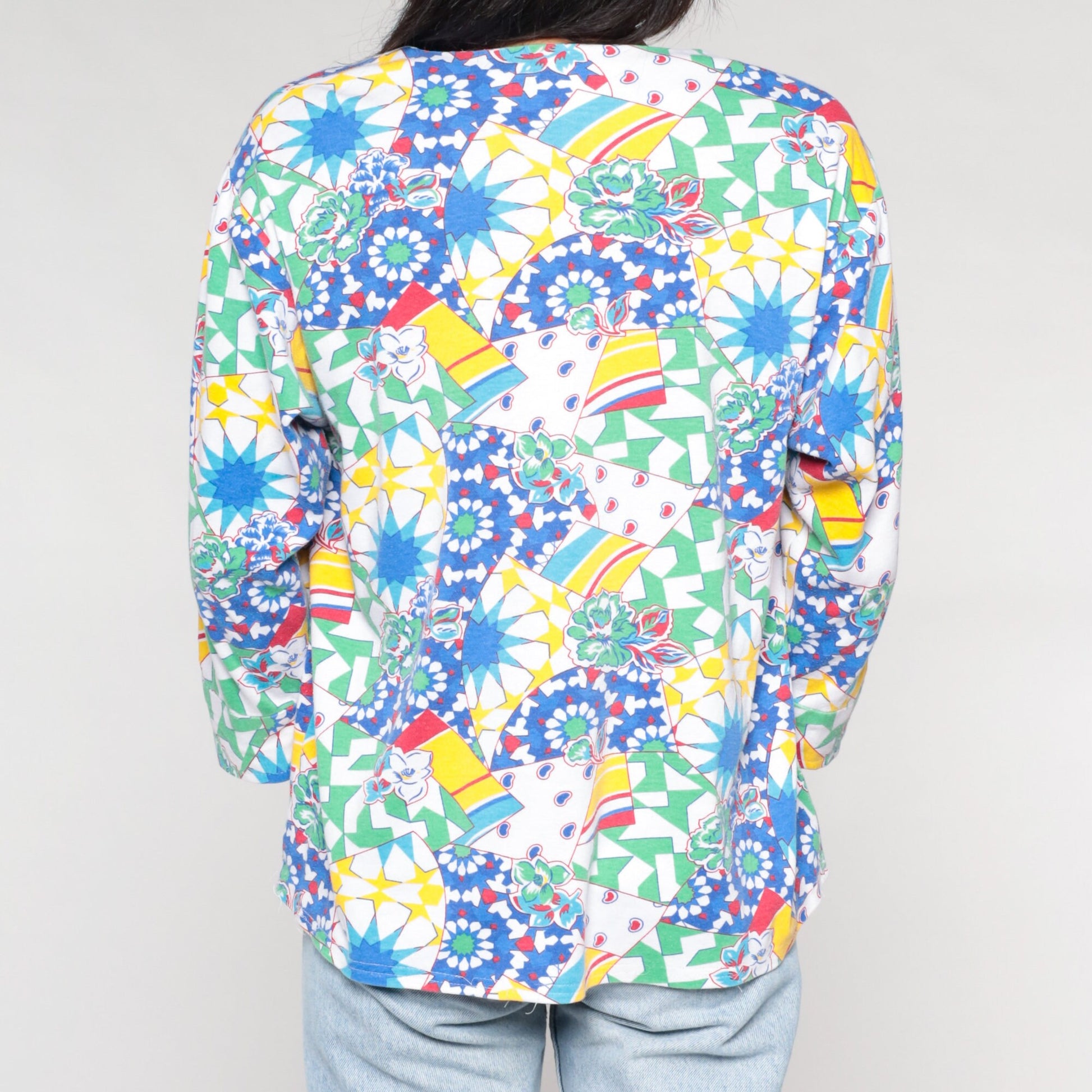 90s Abstract Floral Print Blouse Colorful Psychedelic 3/4 Sleeve White Large L