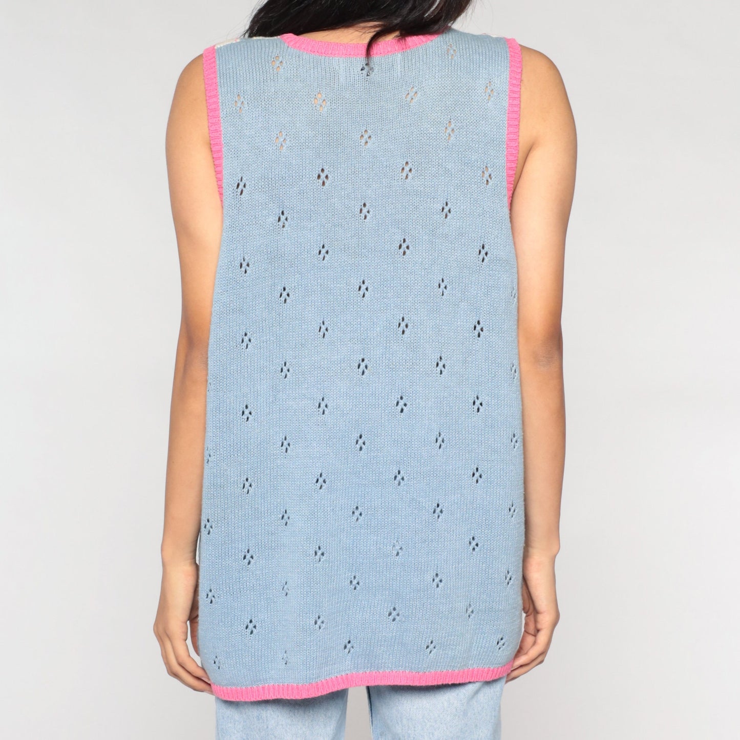 90s Floral Pointelle Knit Sweater Vest Button-Up White Pink Blue Extra Large XXL