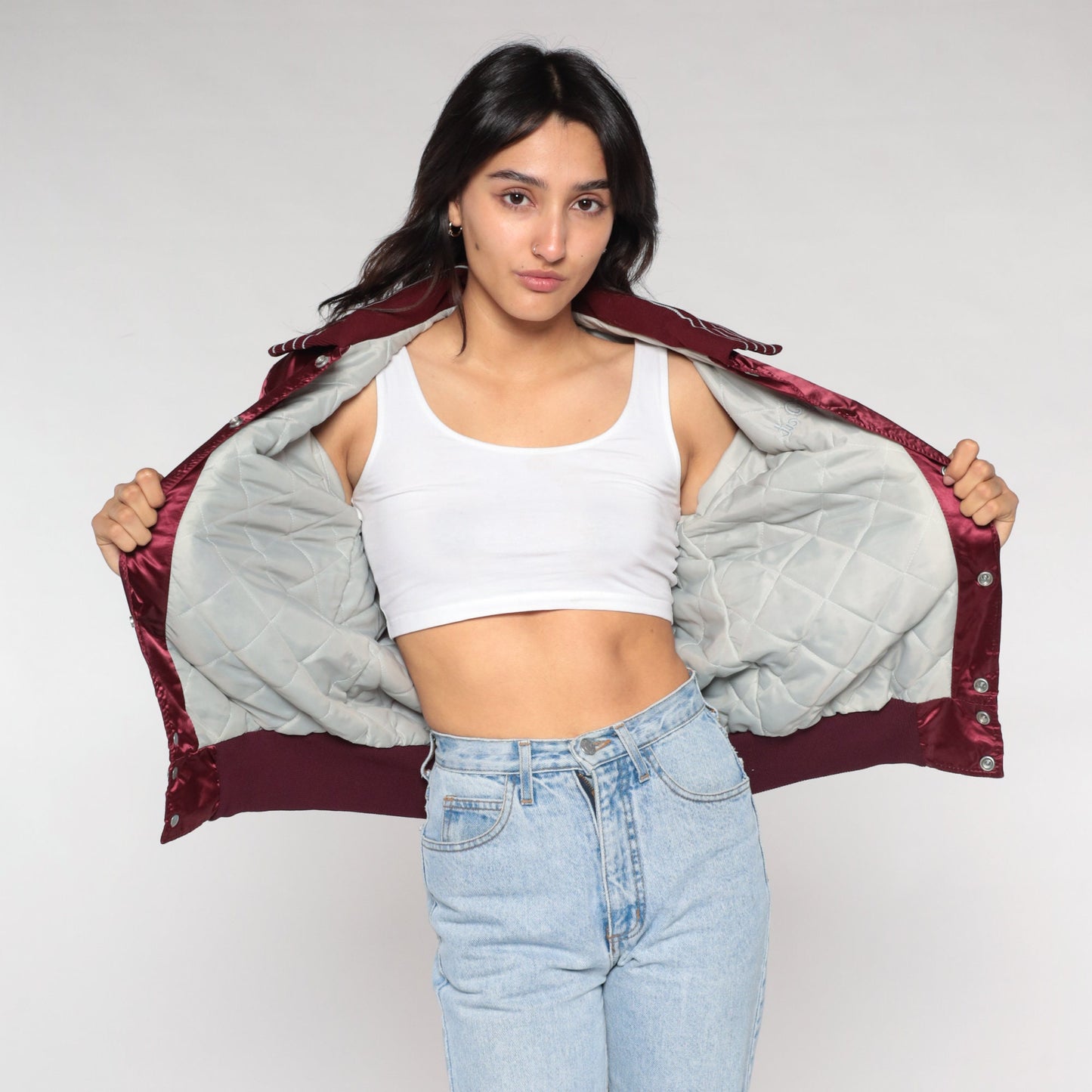 80s National Roofing Burgundy Nylon Bomber Jacket Embroidered Pat Small