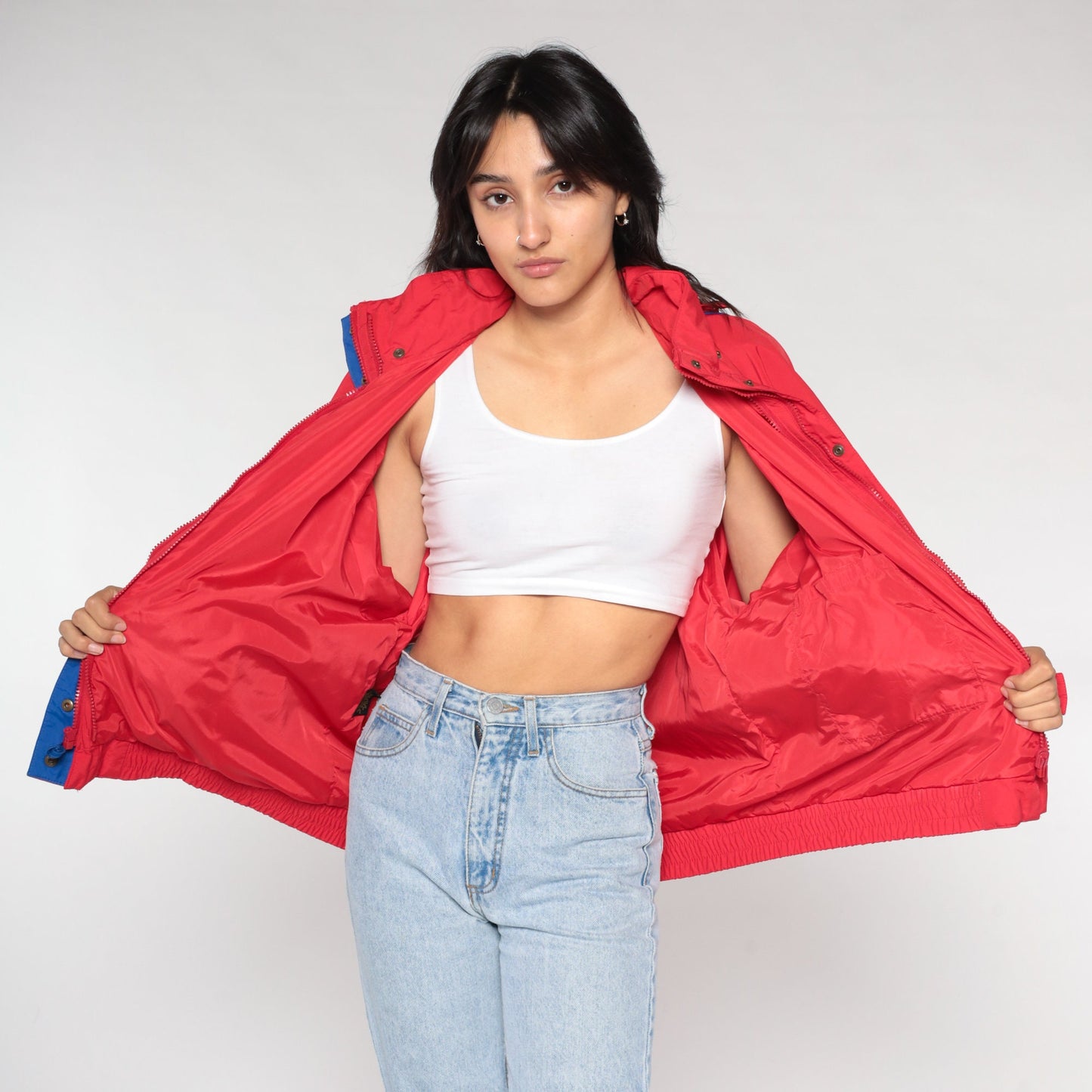 90s Eddie Bauer Red Hooded Windbreaker Jacket Nylon Large L