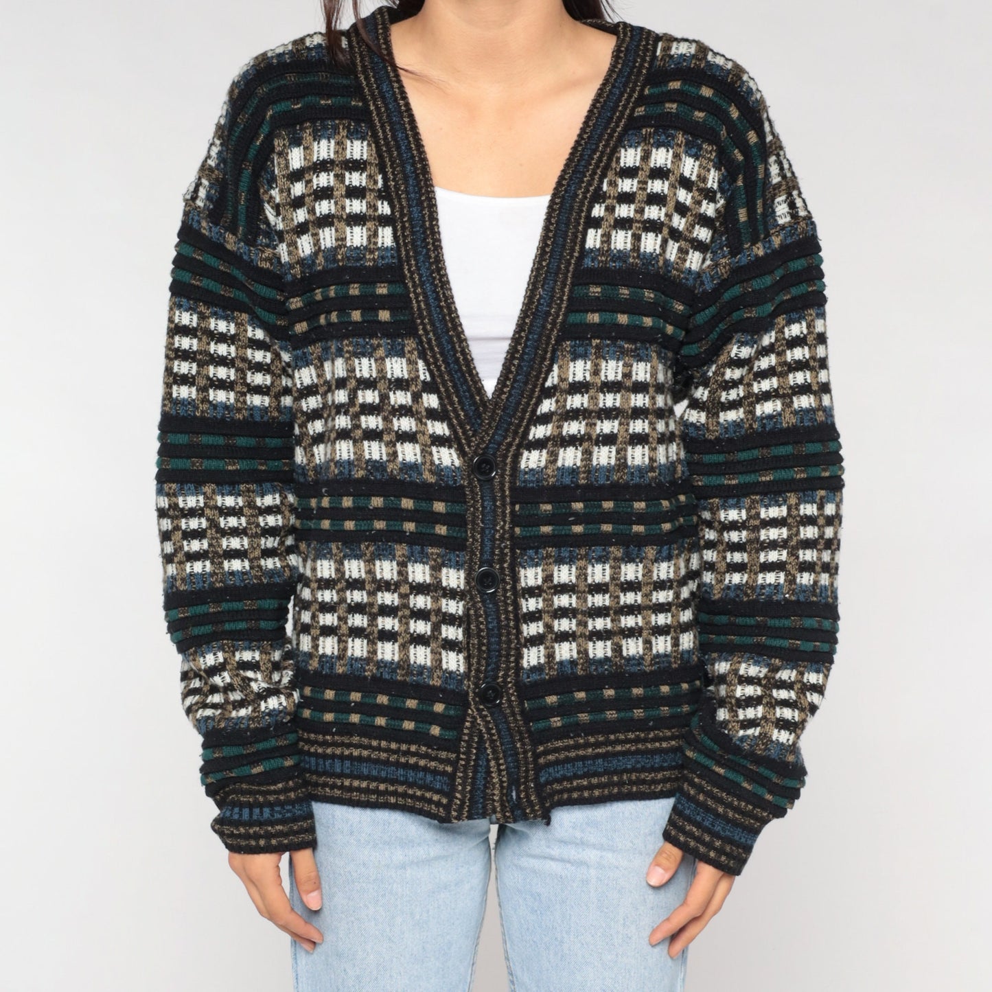 90s Checkered Cardigan Button-Up Knit Sweater Multicolor Large