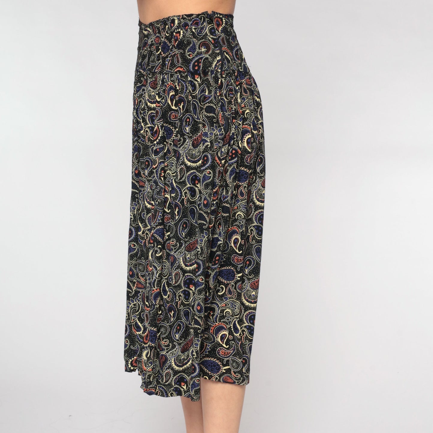 90s Black Paisley Midi Skirt High Waist Extra Small XS