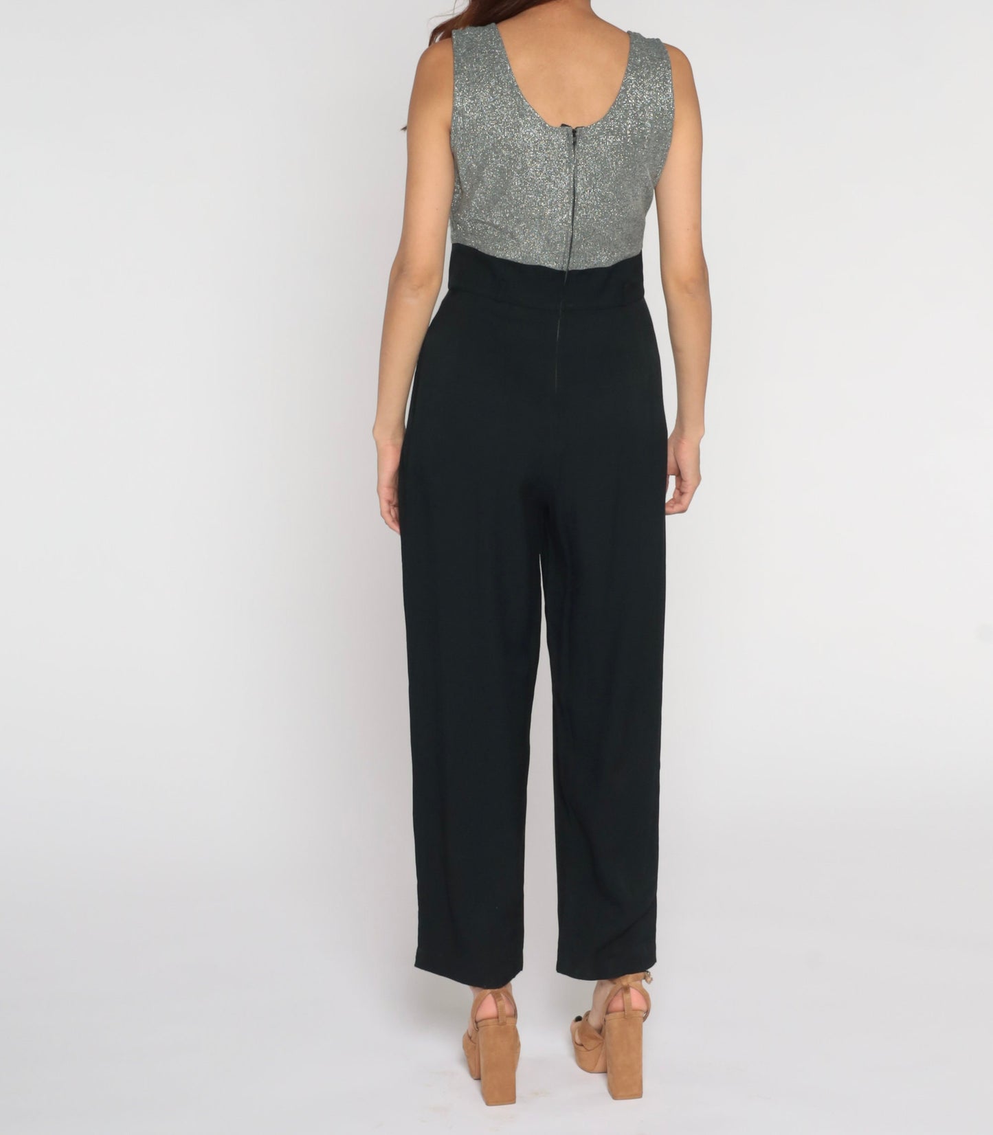 90s Black Wide Leg Jumpsuit Silver Metallic Bodice Sleeveless High Waist Medium