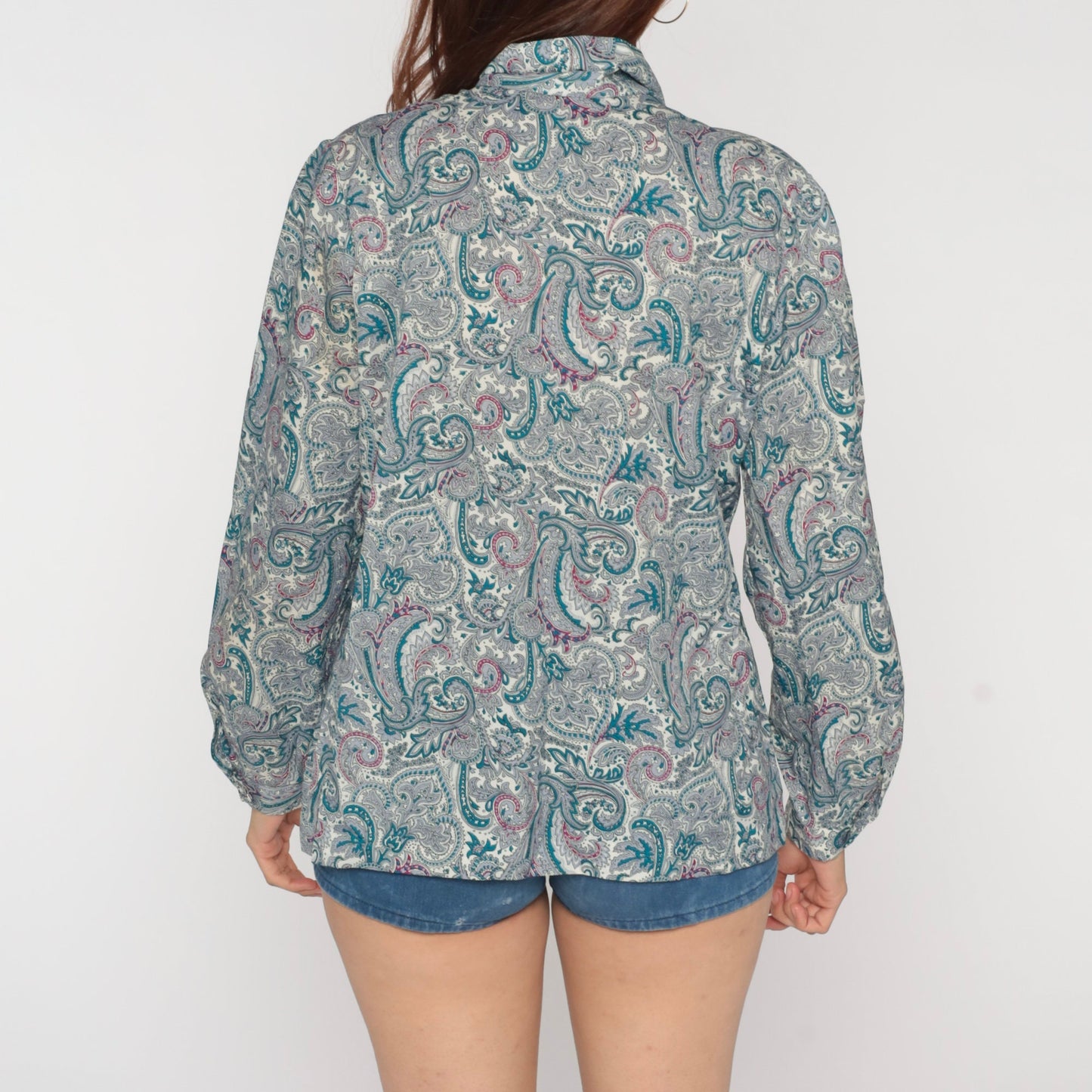 70s Paisley Ascot Blouse Teal Psychedelic Button-Up Puff Sleeve Medium