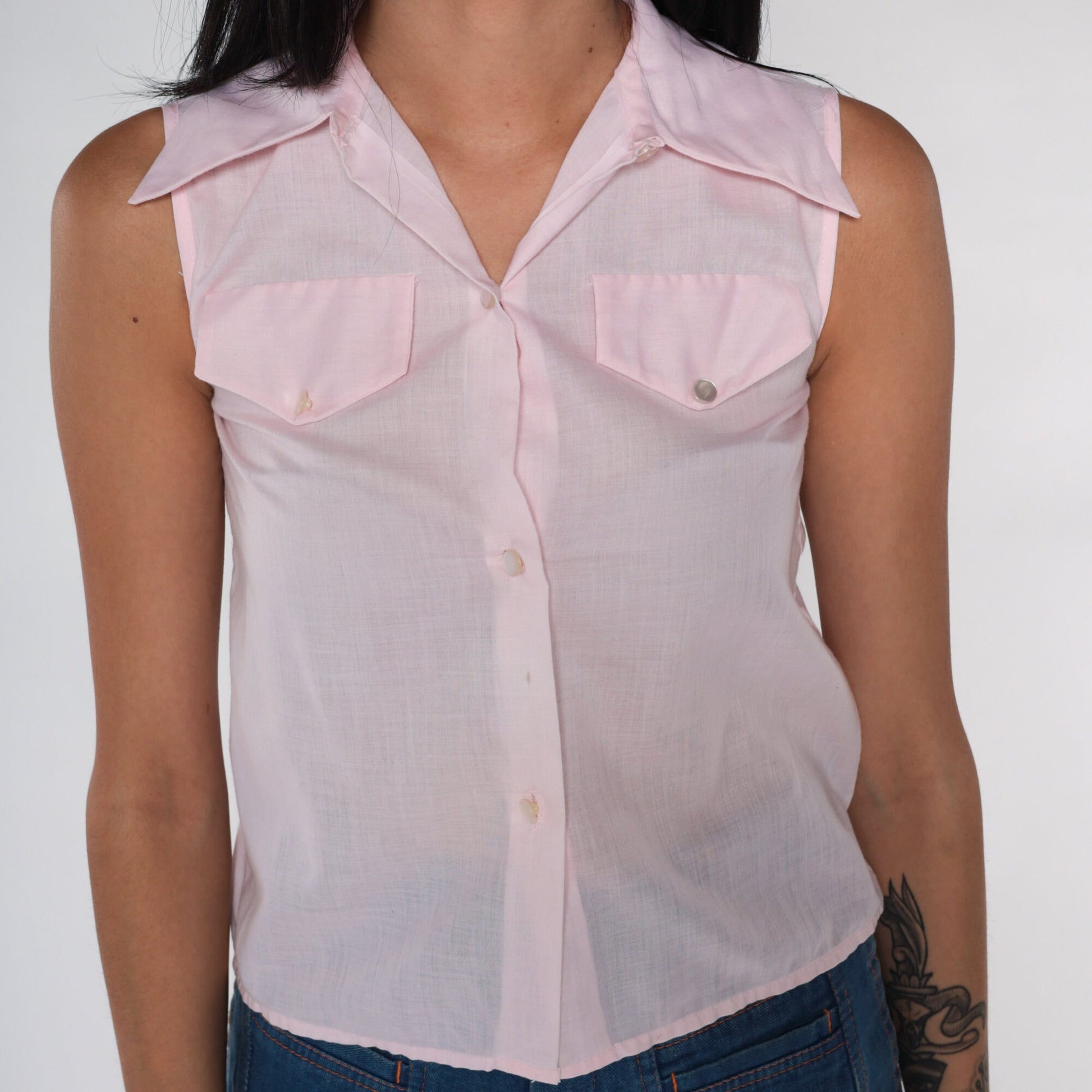 70s Baby Pink Tank Top Button-Up Blouse Dagger Collar Sleeveless XXS