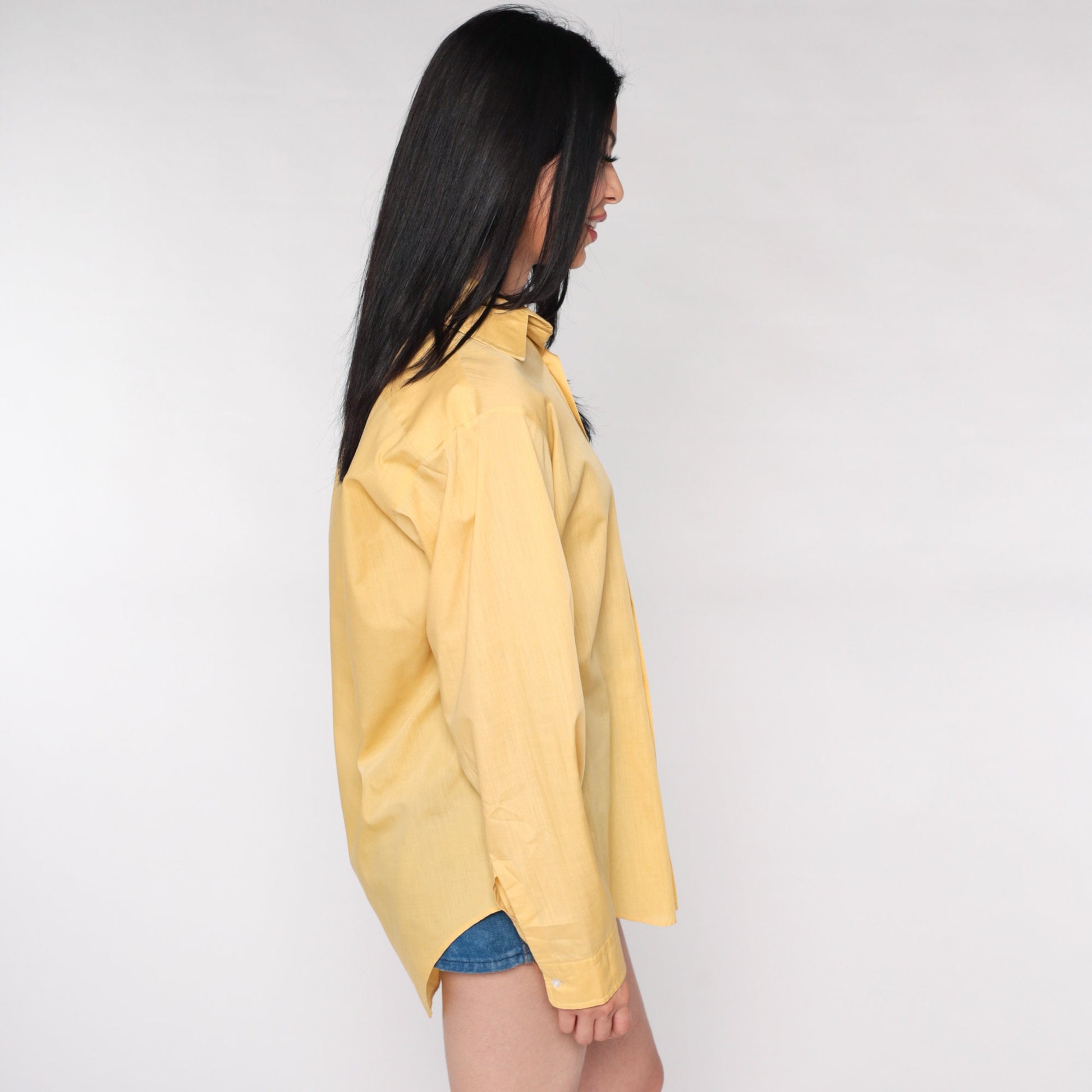 70s Yellow Dagger Collar Button-Up Shirt Long Sleeve Men's Medium