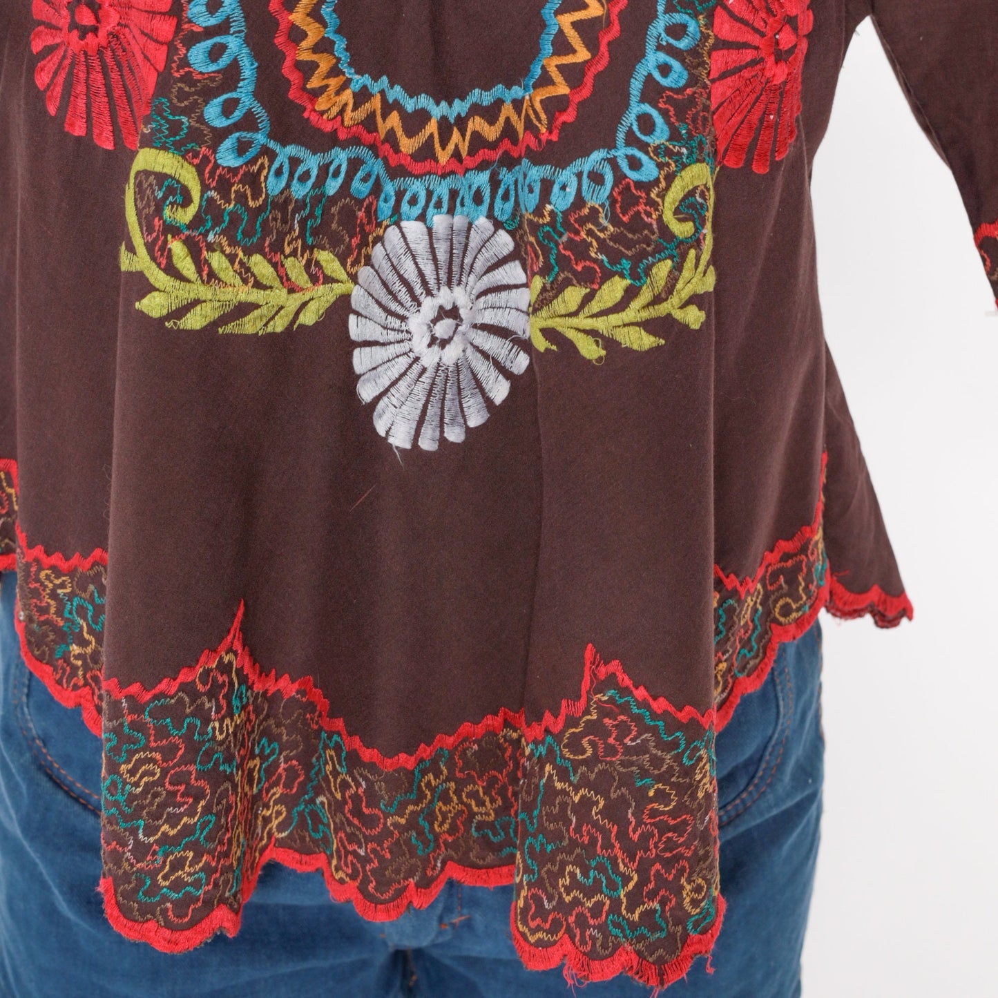 00s Embroidered Floral Bell Sleeve Tunic White Cotton Small