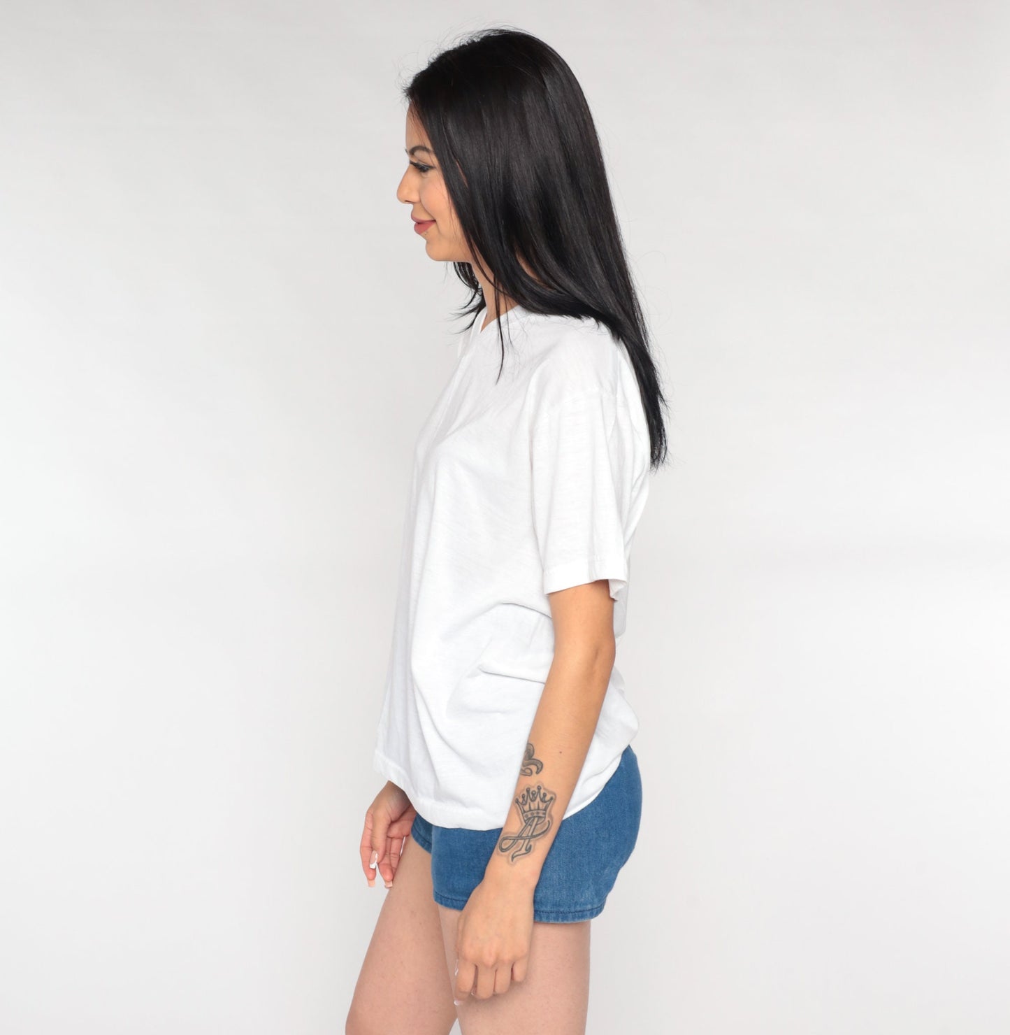 90s White V-Neck T-Shirt Cotton Blend Plain Tee Medium Large