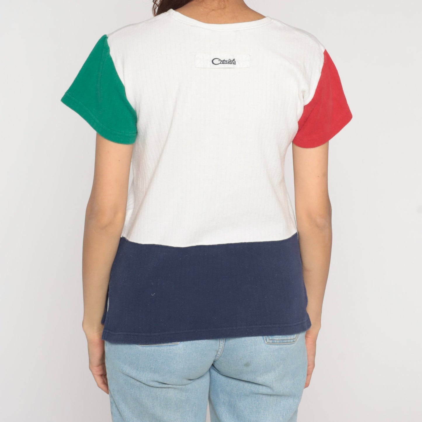 90s Nautical Flag Colour Block T-Shirt White Red Green Blue Sailing Tee Small
