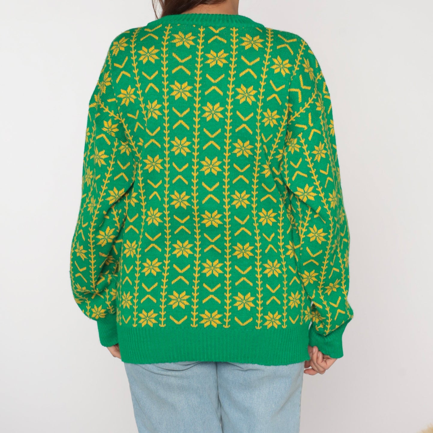 90s Green Fair Isle Snowflake Sweater Yellow Geometric Knit Crewneck Large L