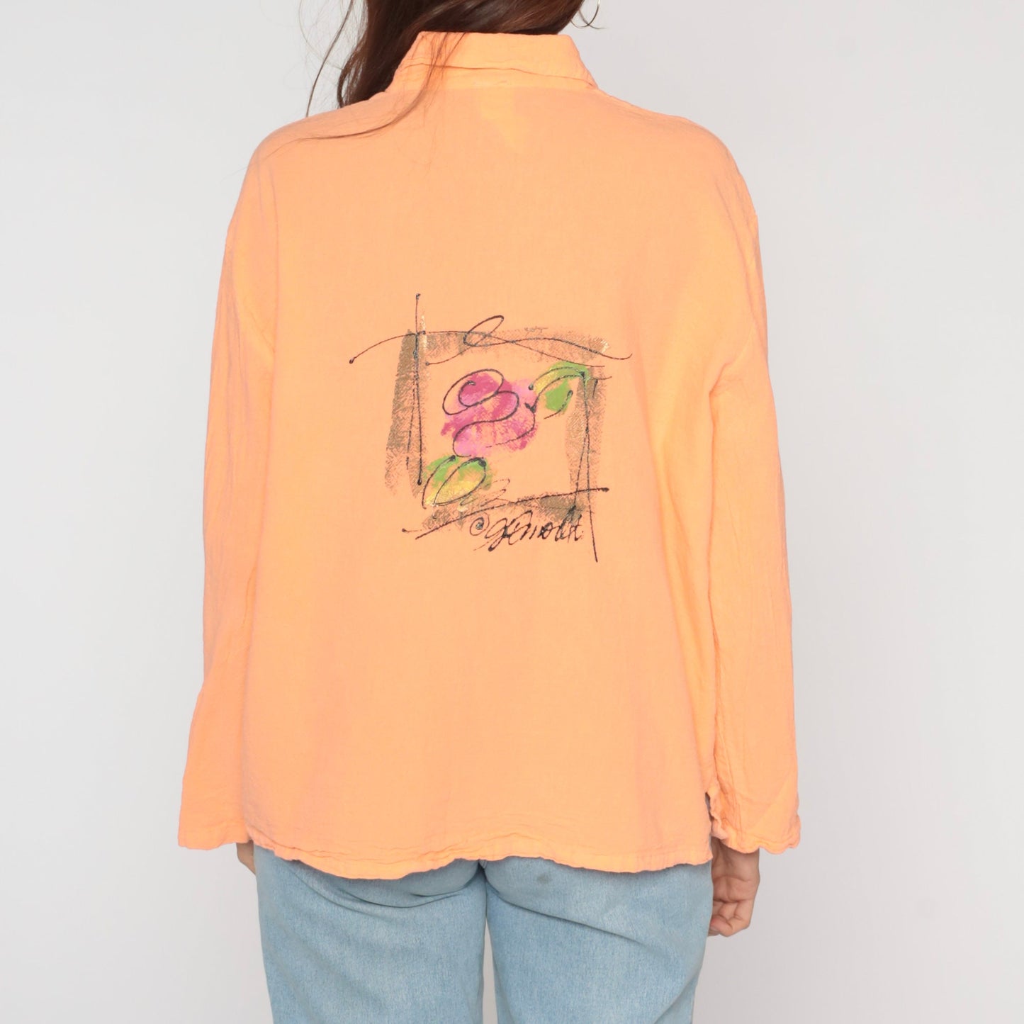 00s Rose Print Peach Floral Button-Up Blouse Cotton Long Sleeve Medium M