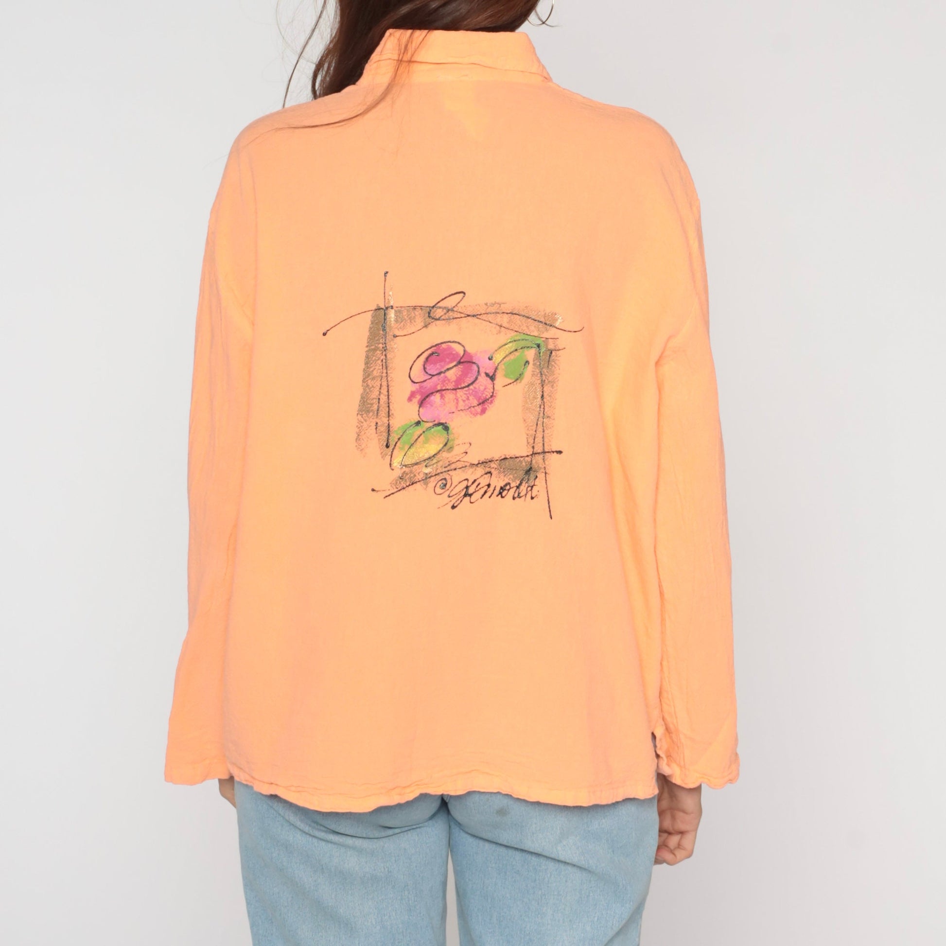 00s Rose Print Peach Floral Button-Up Blouse Cotton Long Sleeve Medium M