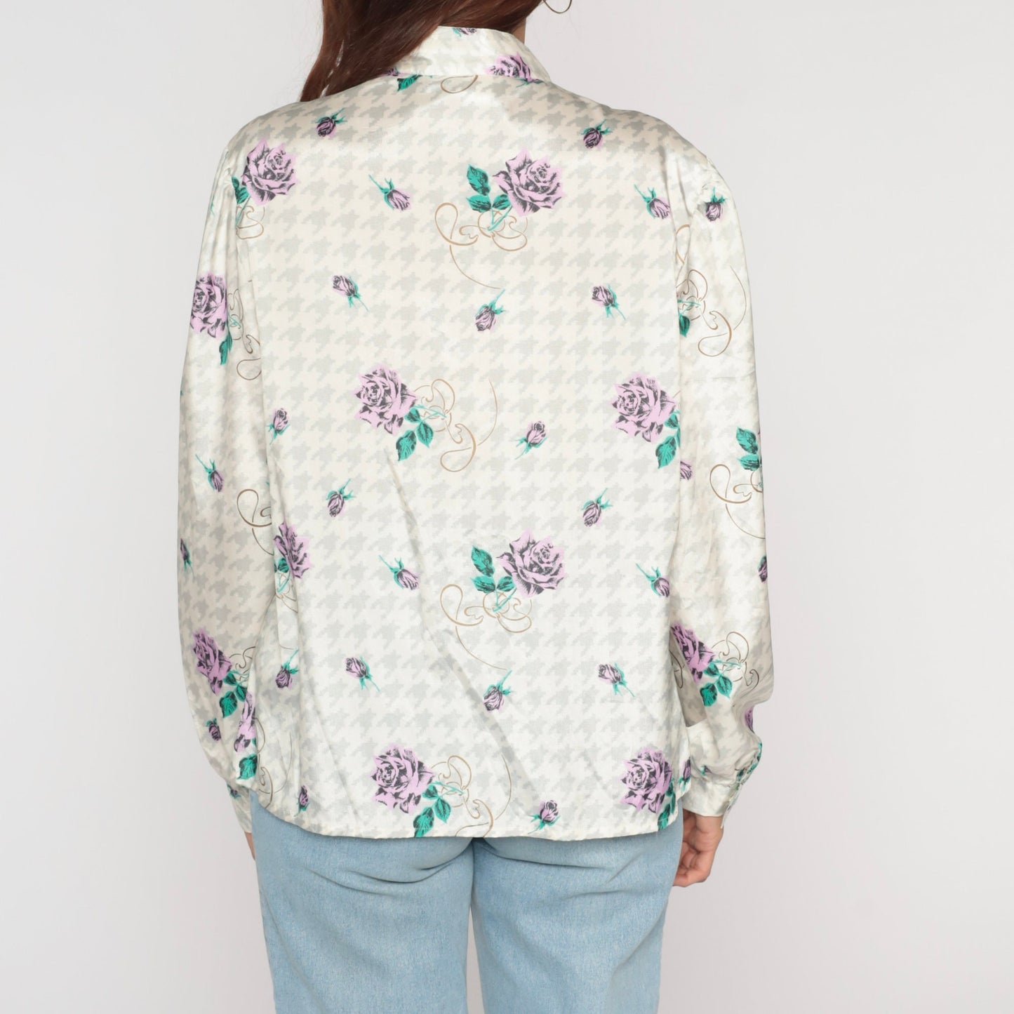 90s Houndstooth Floral Button-Up Blouse Long Sleeve White Grey Purple Medium