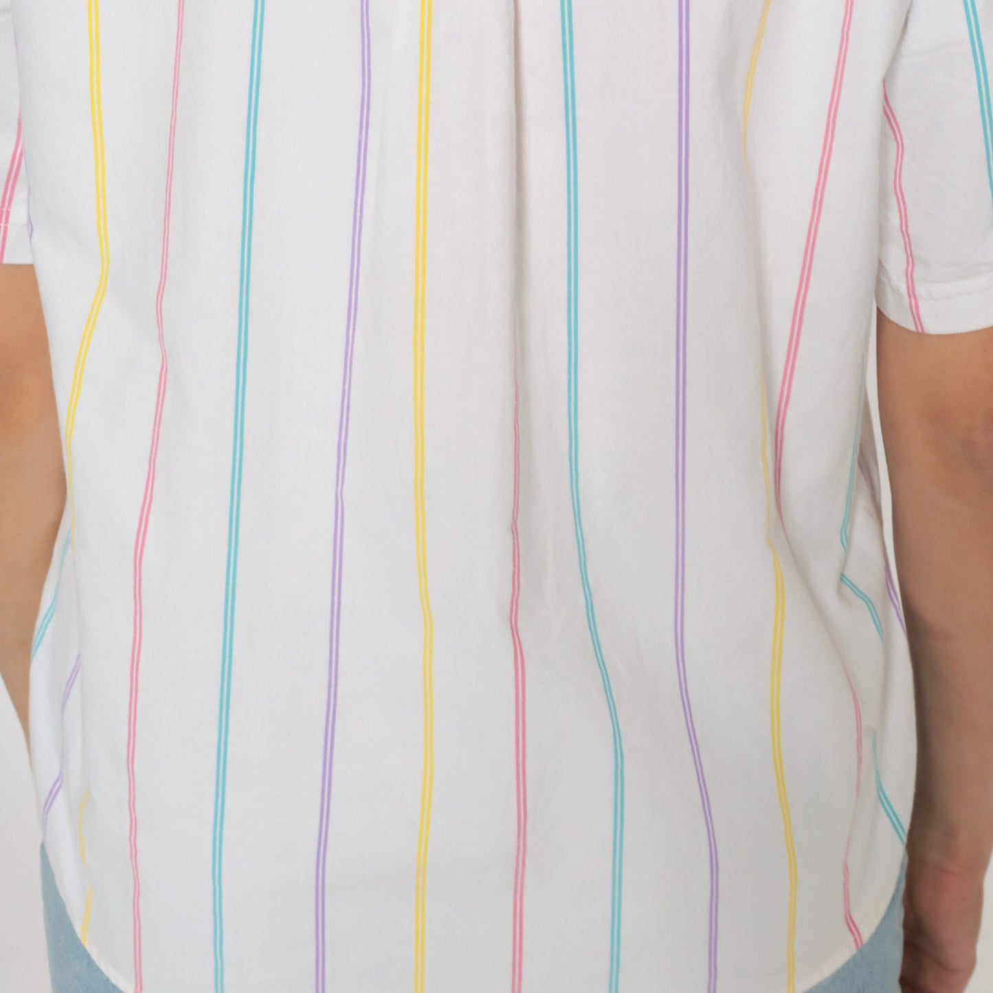 90s White Rainbow Striped Button-Up Blouse Short Sleeve Collared Cotton Medium