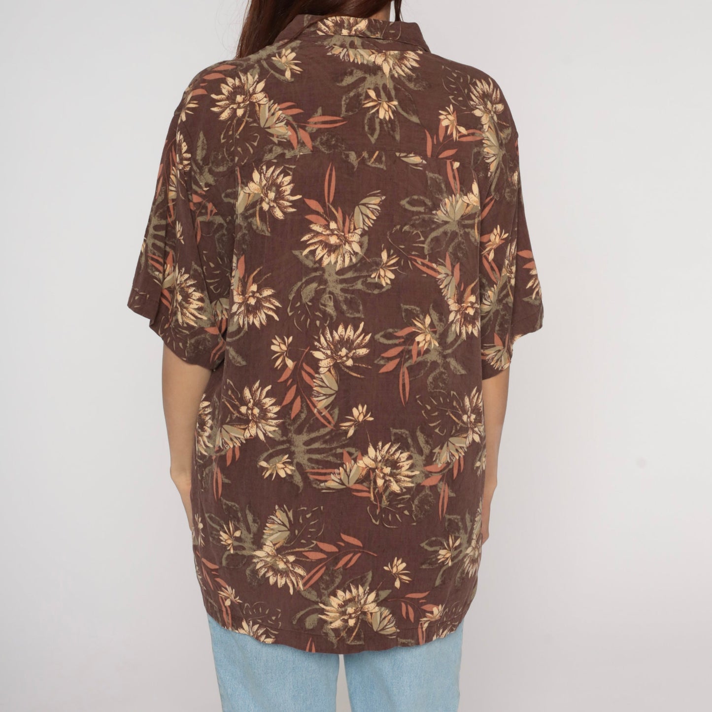 Y2K Geoffrey Beene Floral Leaf Print Silk Blend Button-Up Shirt Brown Large