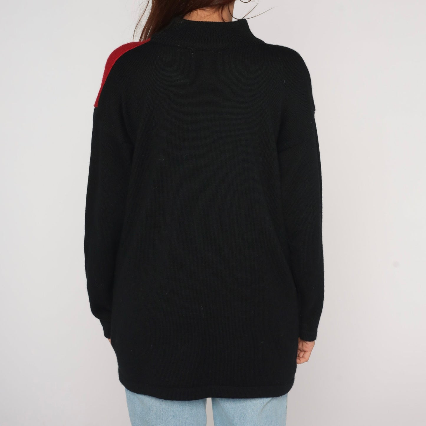 90s Merino Wool Diamond Harlequin Sweater Mock Neck Black Red Charcoal Medium M