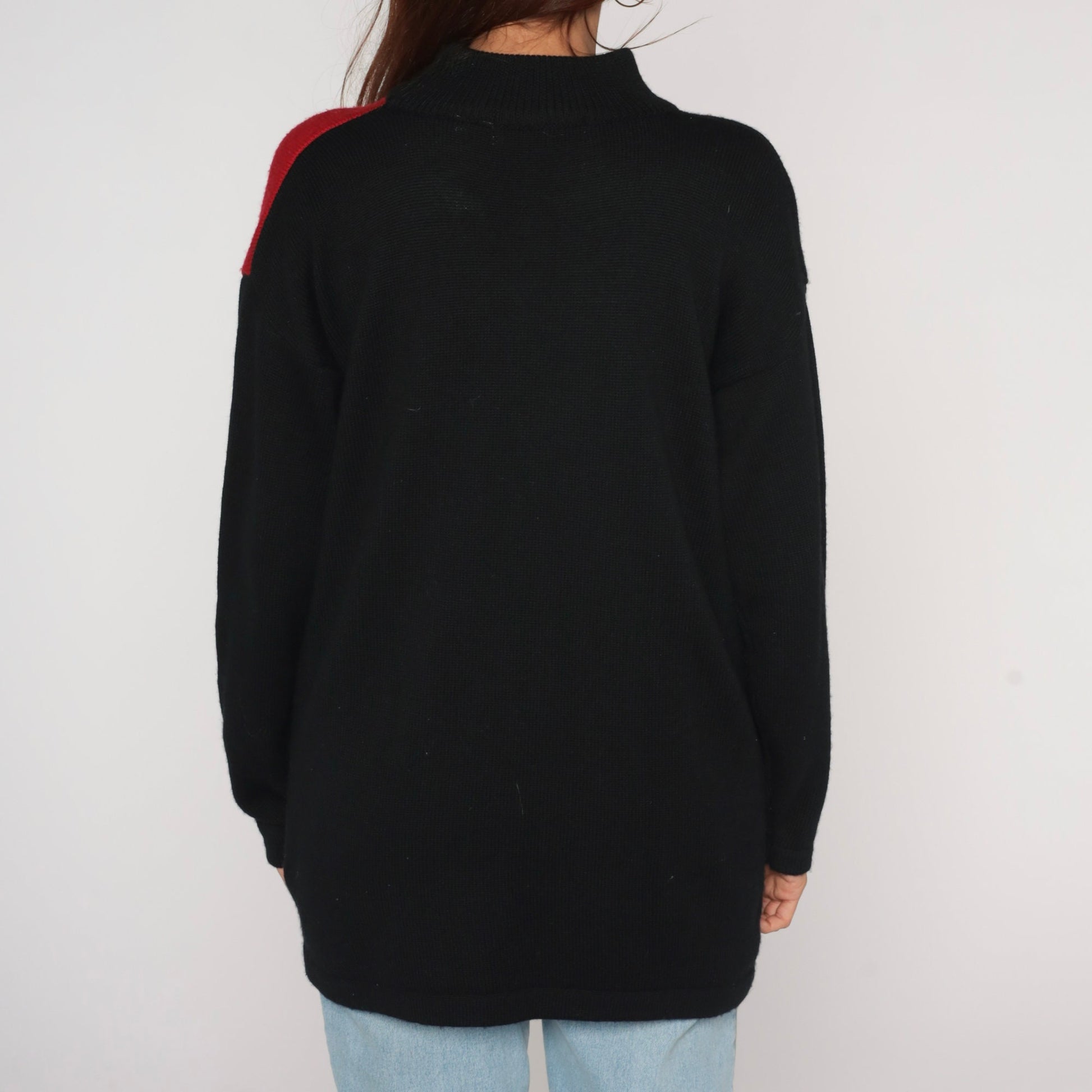90s Merino Wool Diamond Harlequin Sweater Mock Neck Black Red Charcoal Medium M