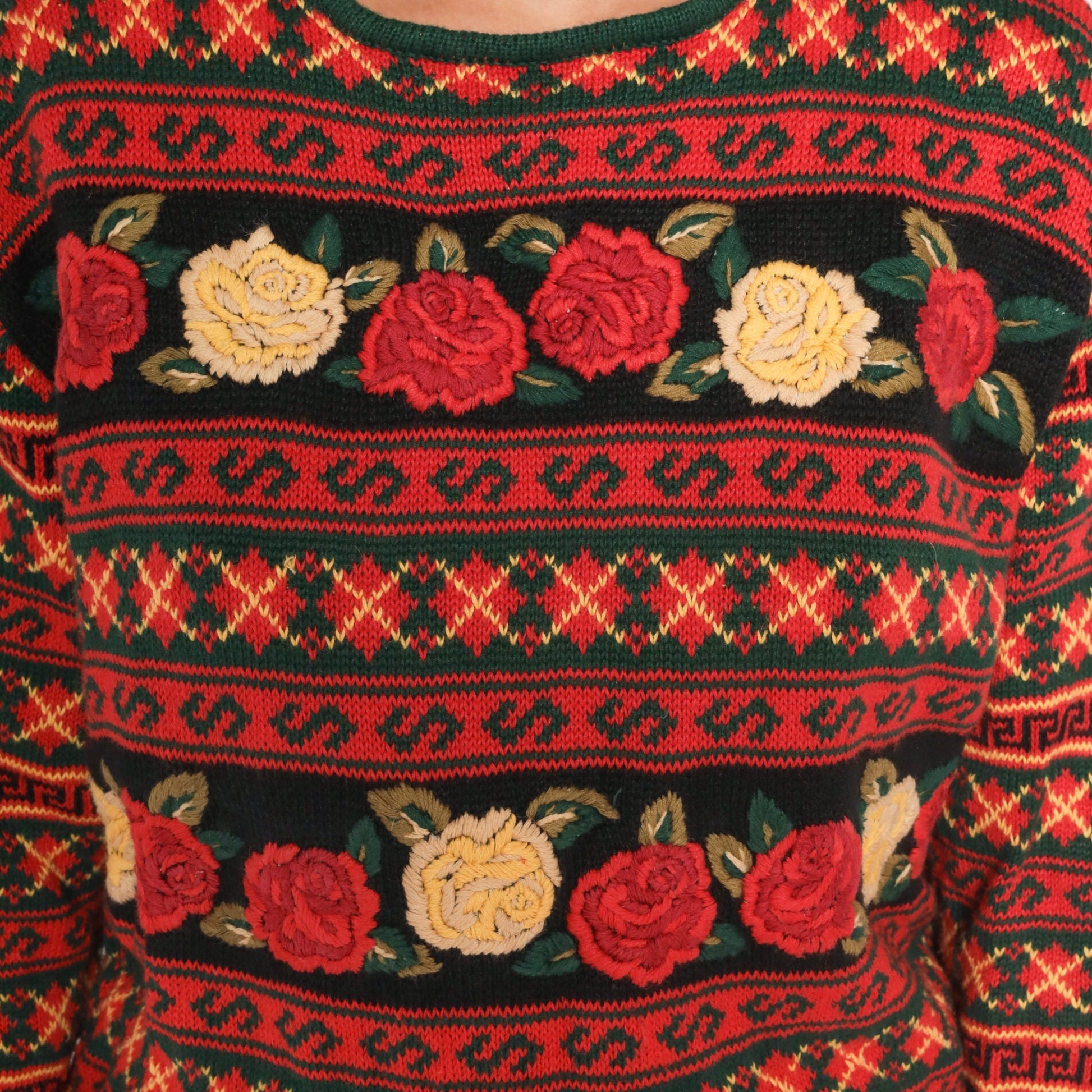 90s Herman Geist Black Red Floral Embroidered Argyle Knit Sweater Large L