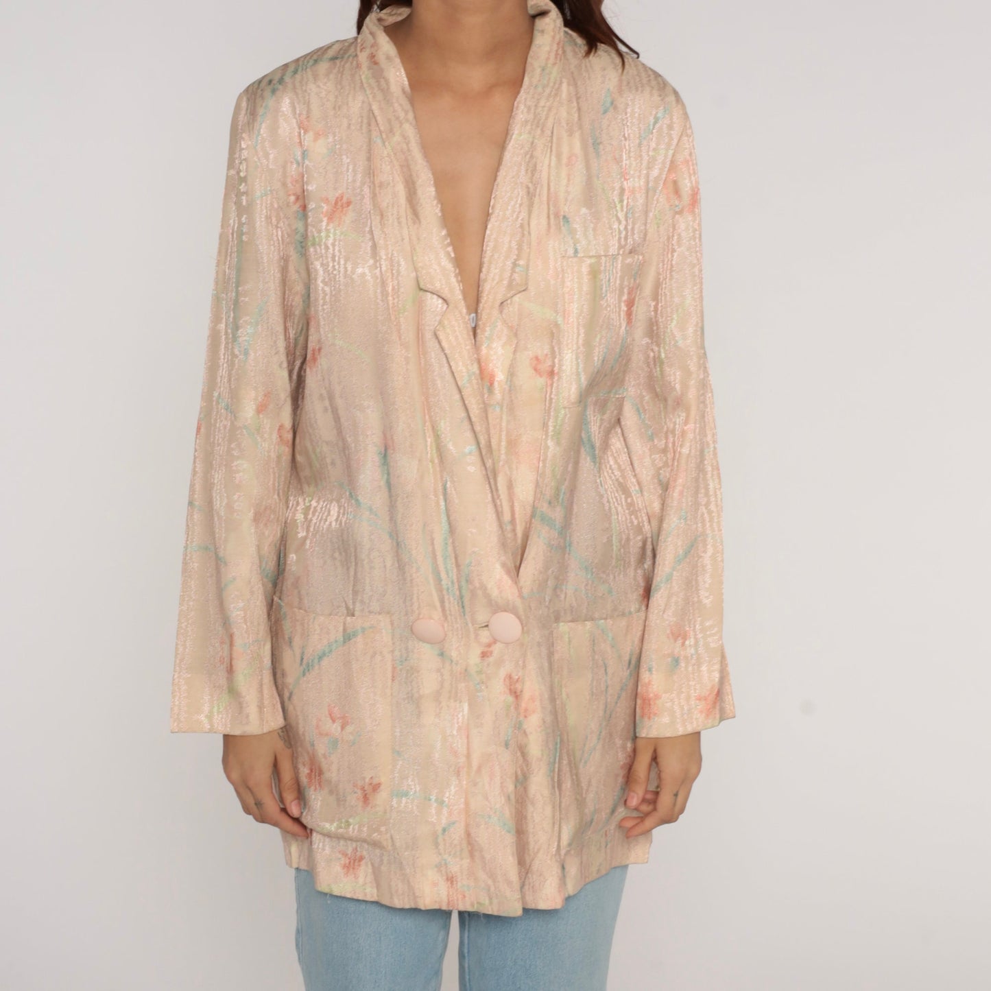 90s Blush Pink Floral Abstract Blazer Double Breasted Embossed Shiny Jacket Large L