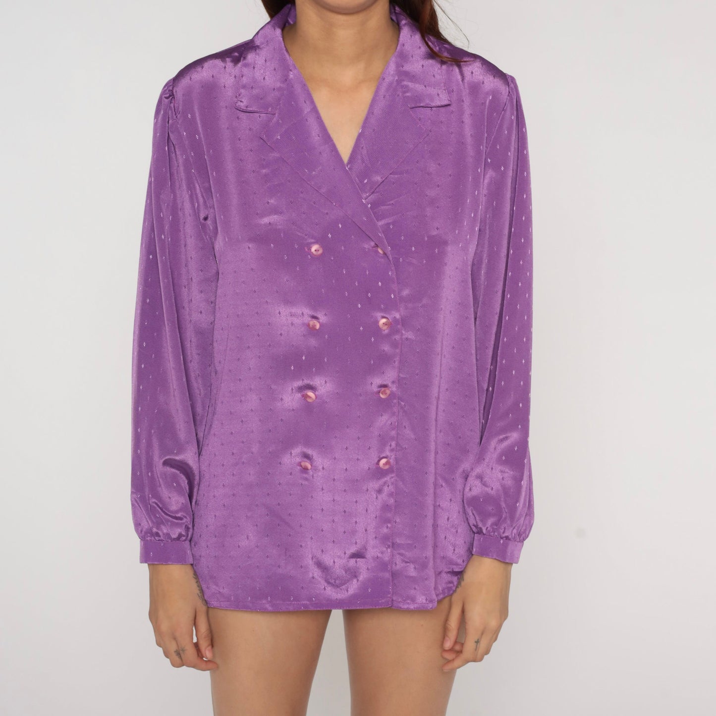 80s Purple Embossed Geometric Button-Up Blouse Long Sleeve Medium