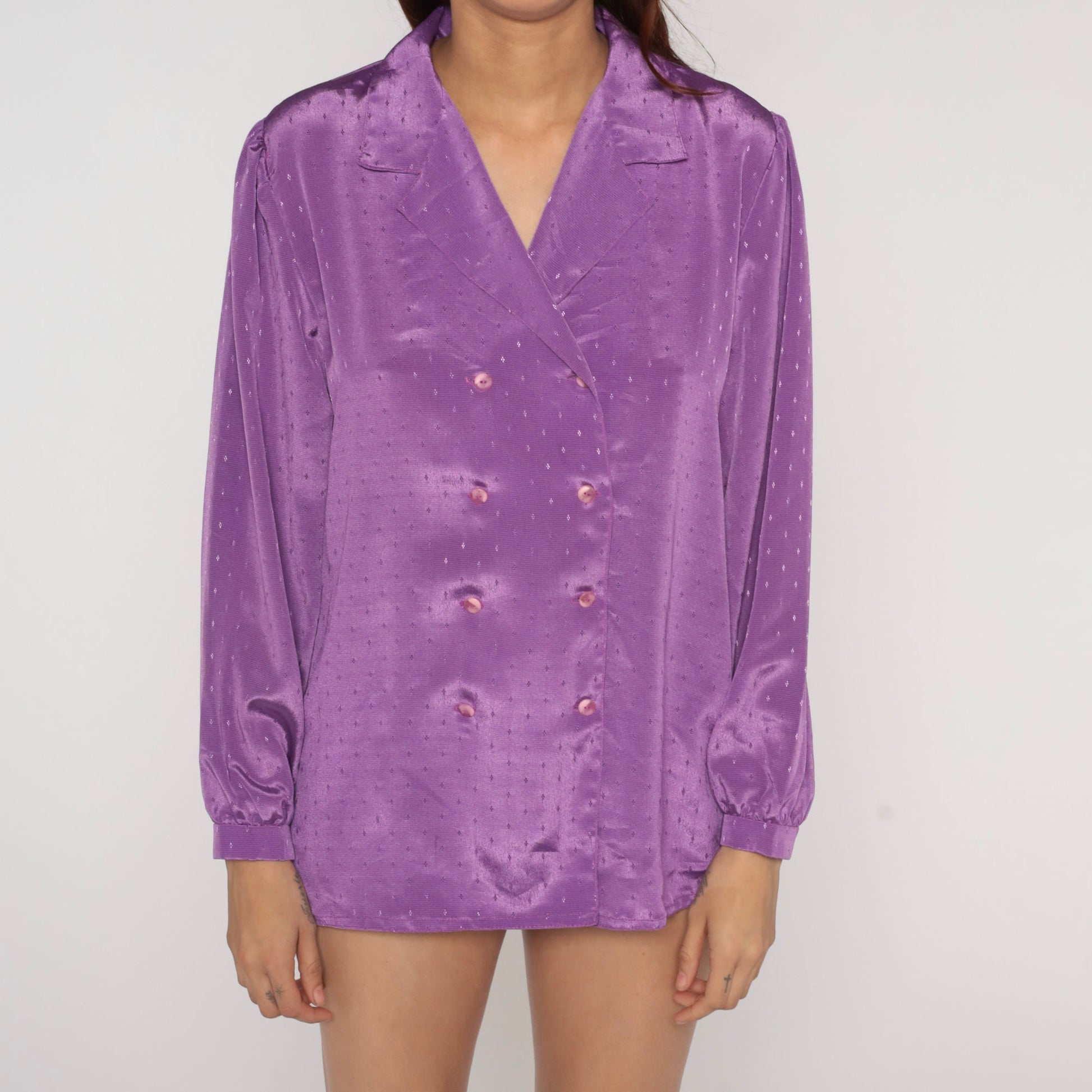 80s Purple Embossed Geometric Button-Up Blouse Long Sleeve Medium