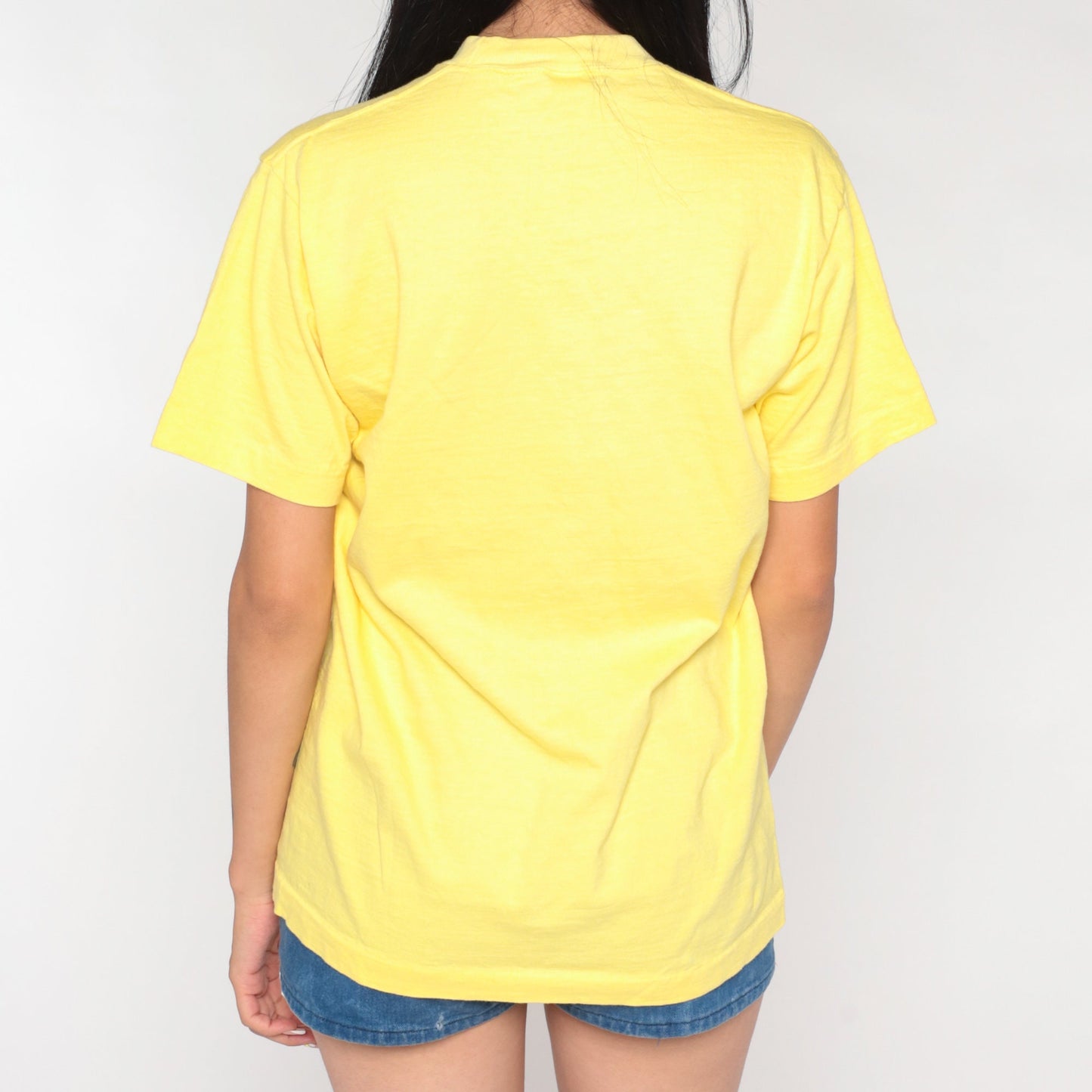 90s Yellow Cotton Pocket T-Shirt Plain Tee Single Stitch Medium