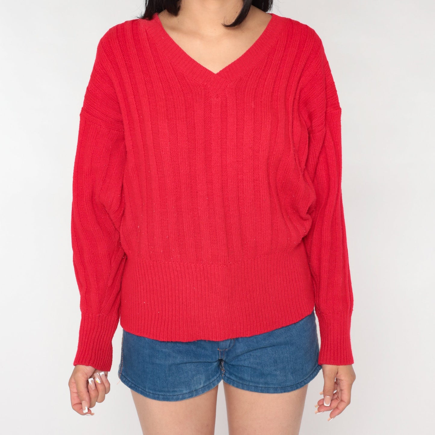 80s Red Acrylic Knit V-Neck Pullover Sweater Large