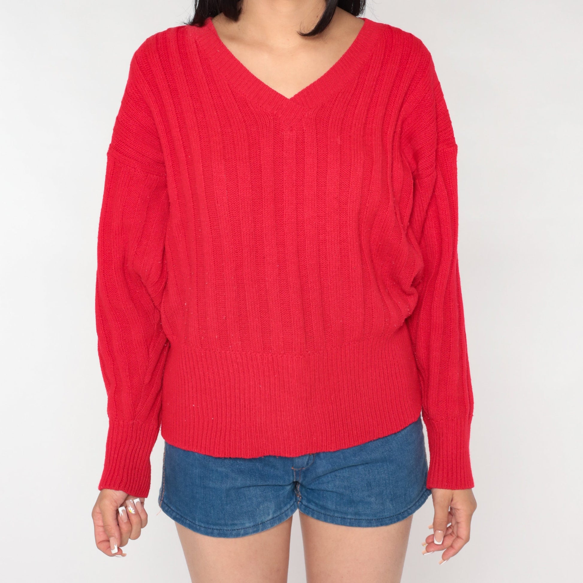 80s Red Acrylic Knit V-Neck Pullover Sweater Large