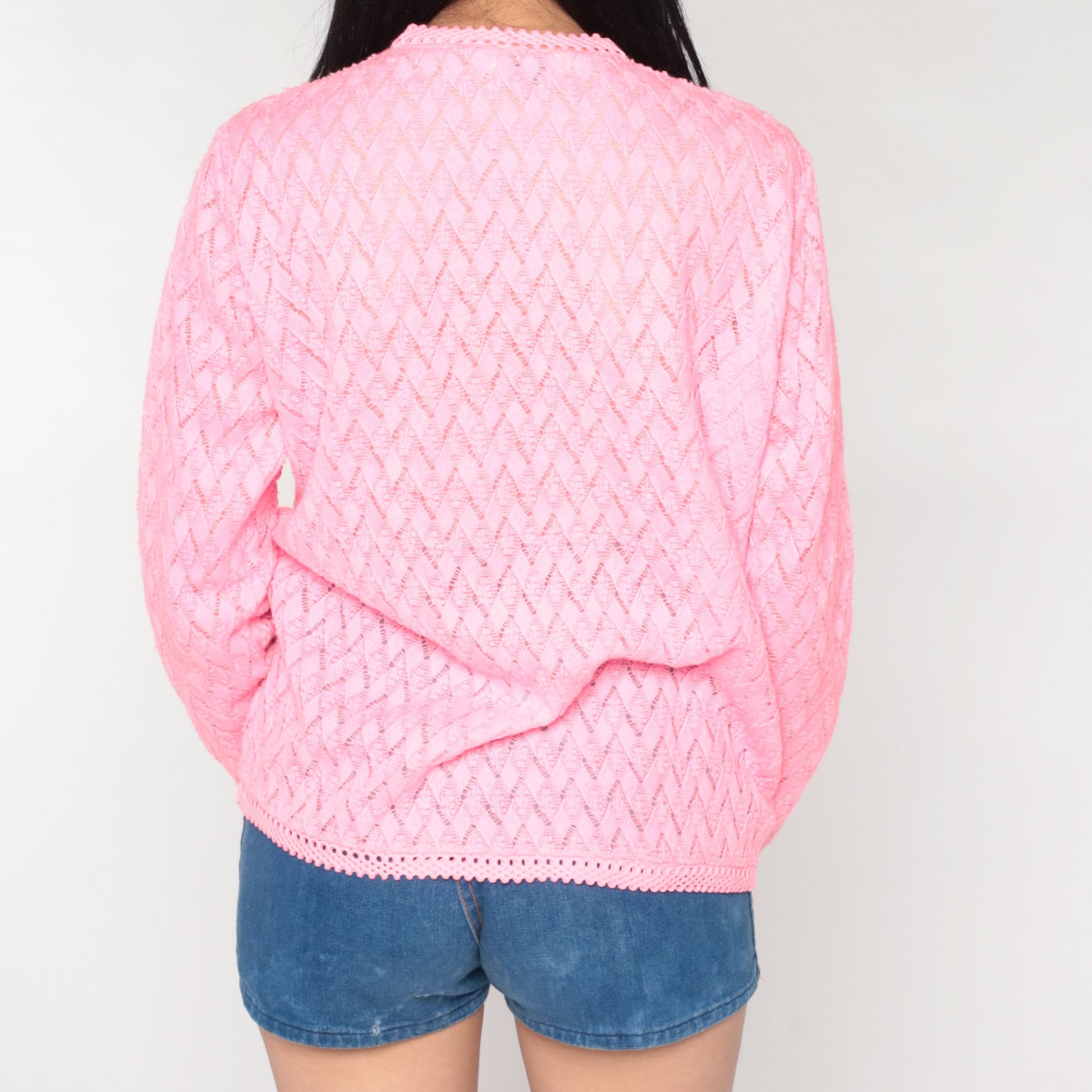 70s Hot Pink Pointelle Cardigan Open Weave Knit Sweater Medium