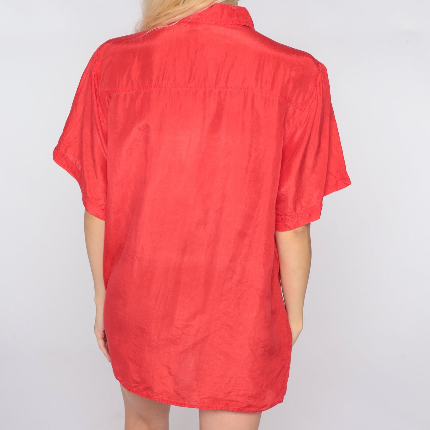 90s Red Silk Button-Up Blouse Short Sleeve Chest Pocket Small S