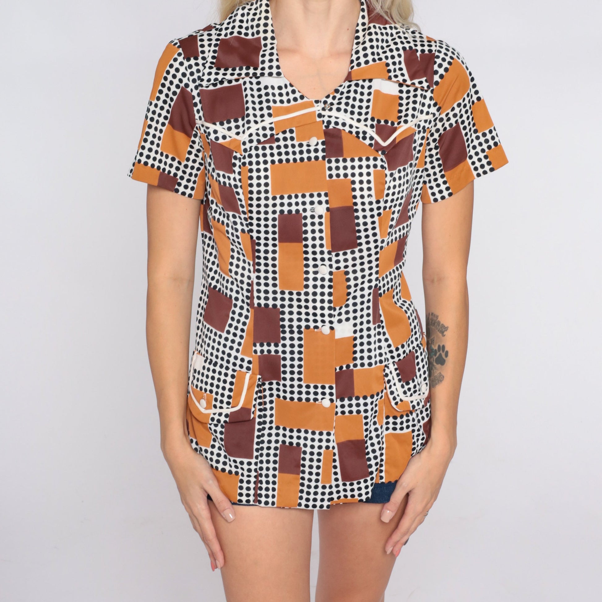 70s Geometric Dot Square Print Button-Up Blouse Black White Brown Small
