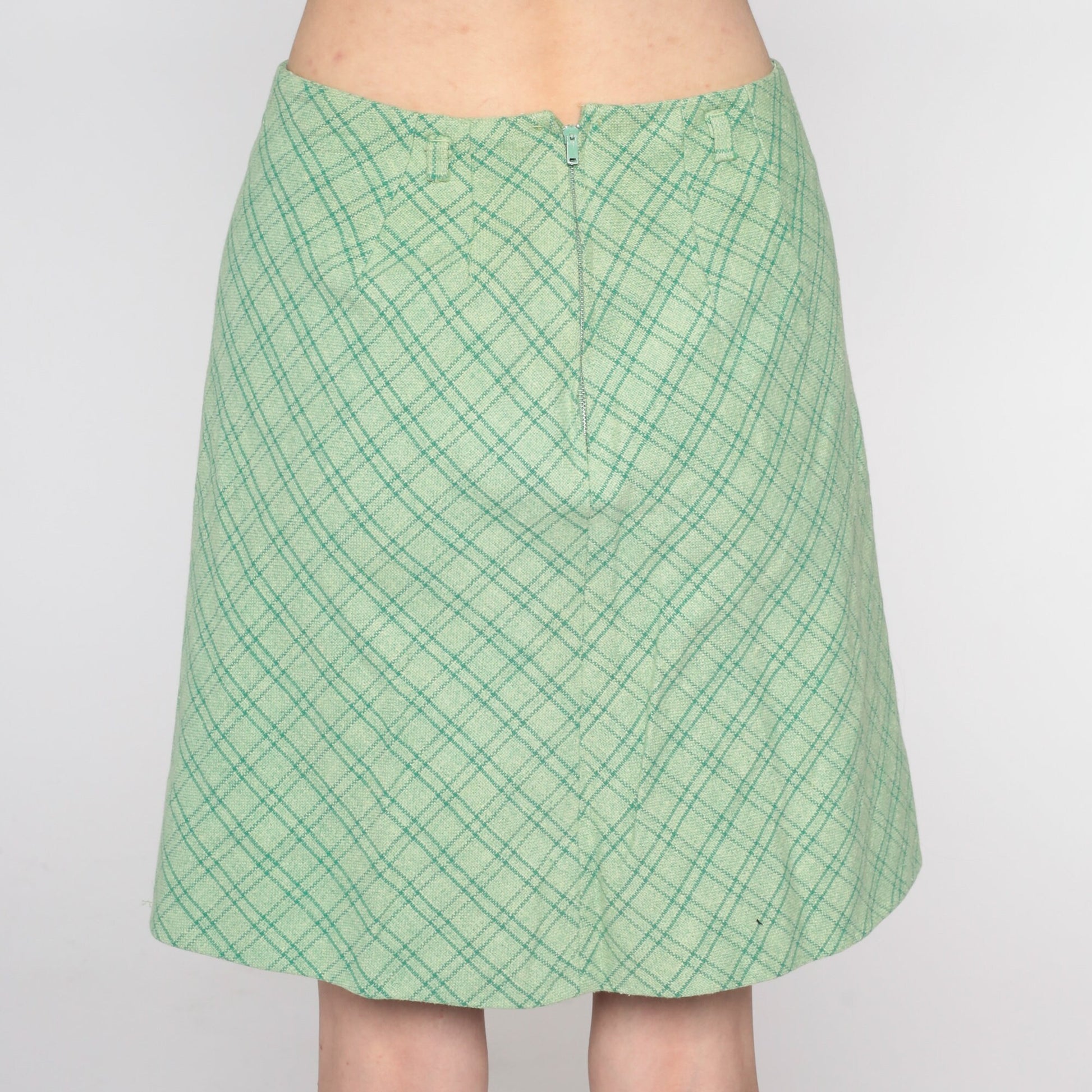 60s Green Checkered Mini Skirt High Waist Pencil Cut Small