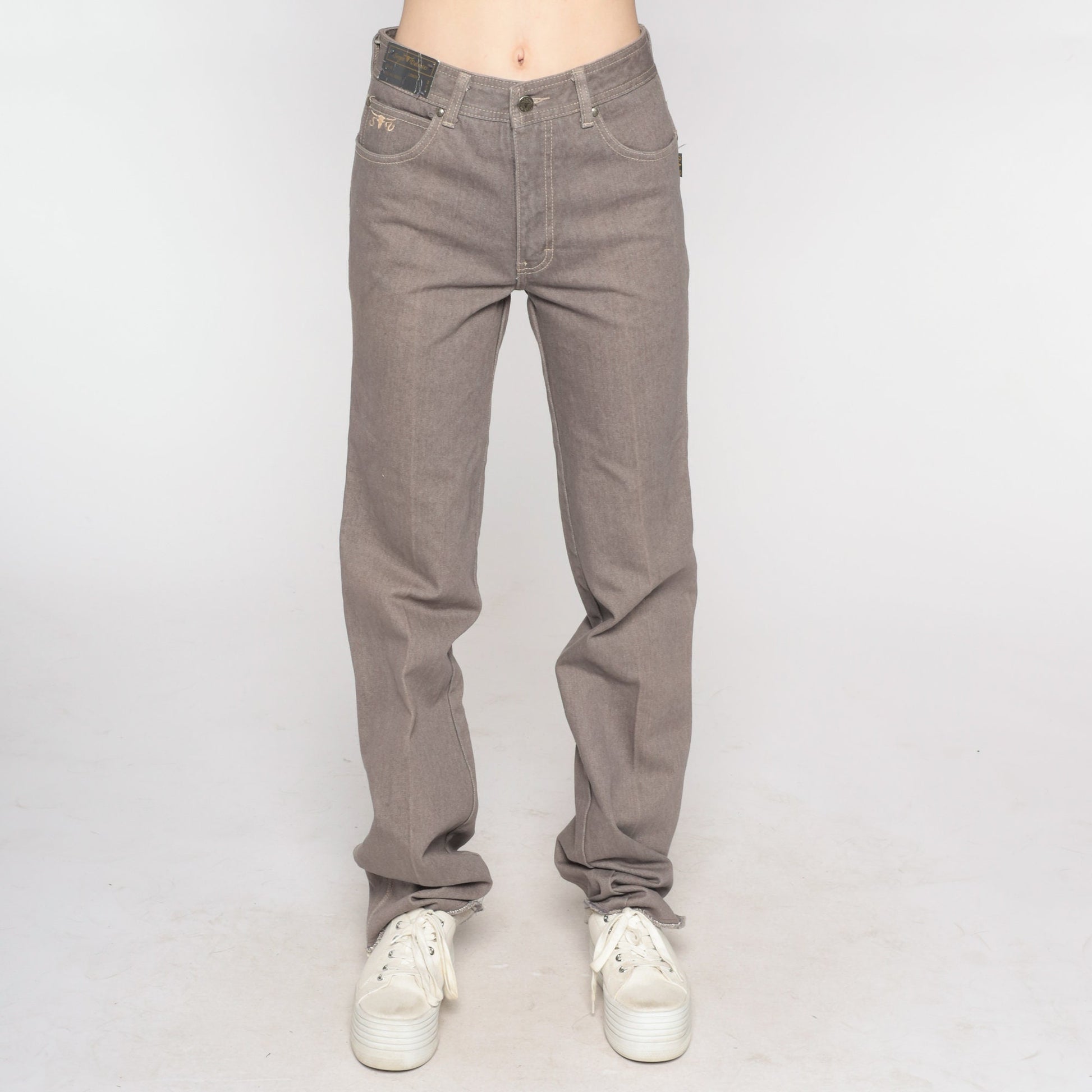 90s Sergio Valente Western Jeans Taupe High Waist Straight Leg Embroidered Steer Small