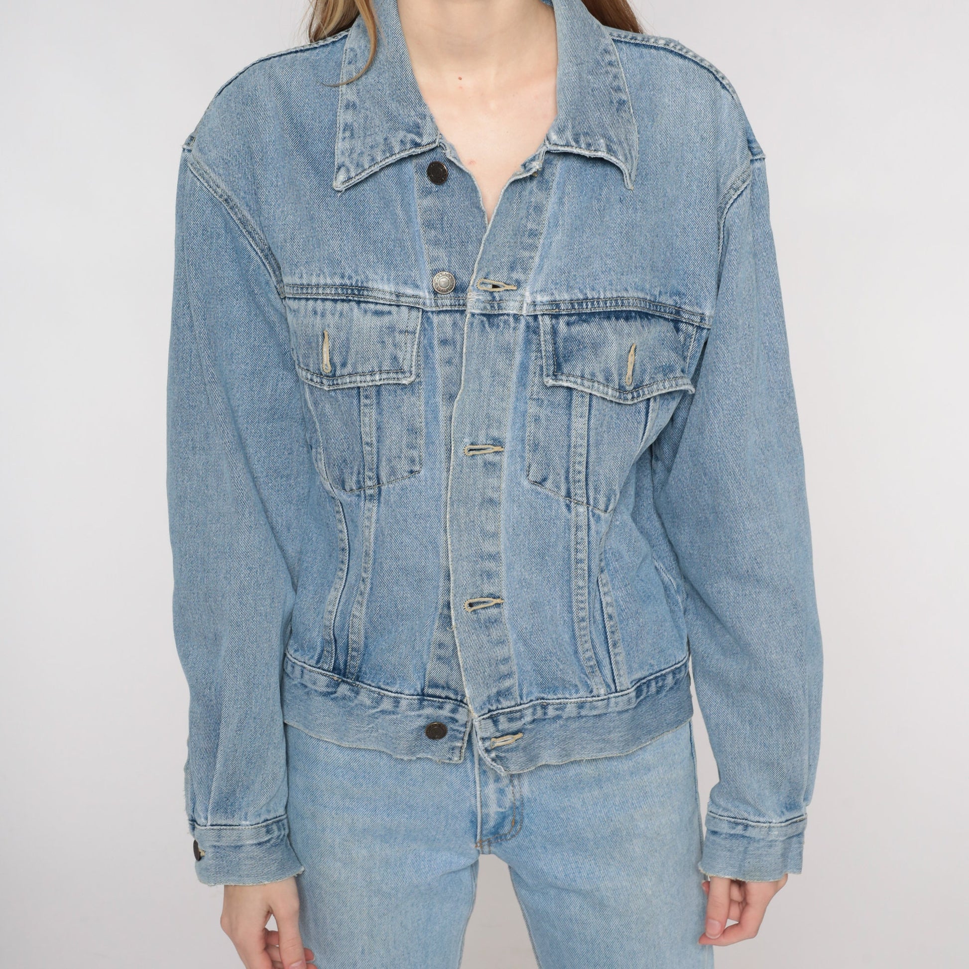Y2K Blue Denim Jacket Button-Up Jean Jacket Cotton Medium M