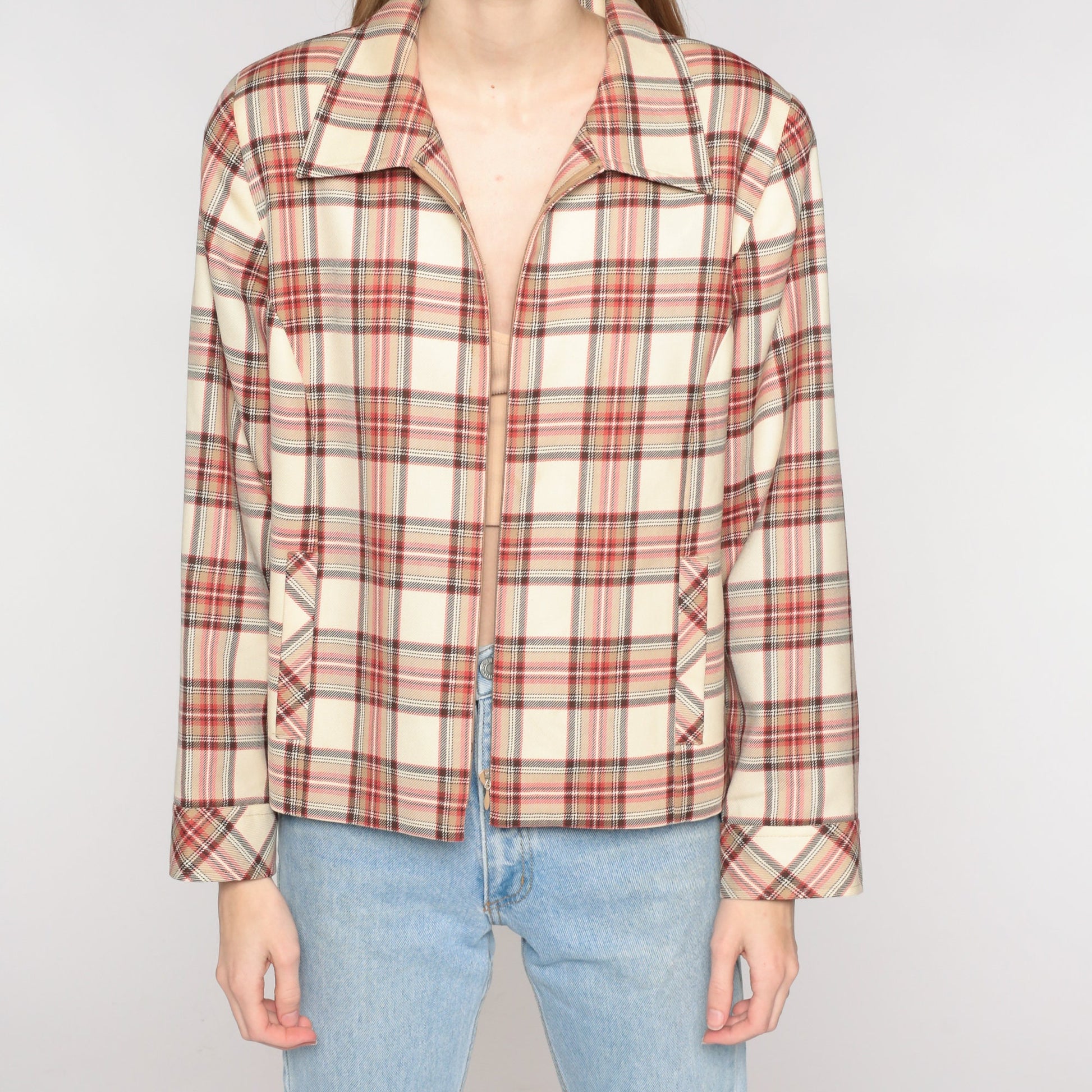 Pendleton Plaid Wool Zip Jacket Cream Red Checkered Collared Coat Large L
