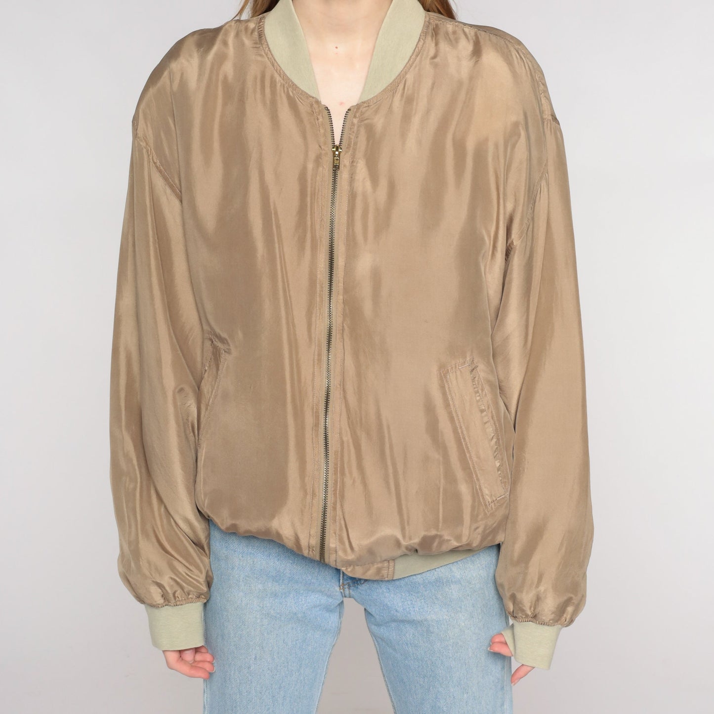 00s Brown Silk Bomber Jacket Zip-Up Windbreaker Medium M