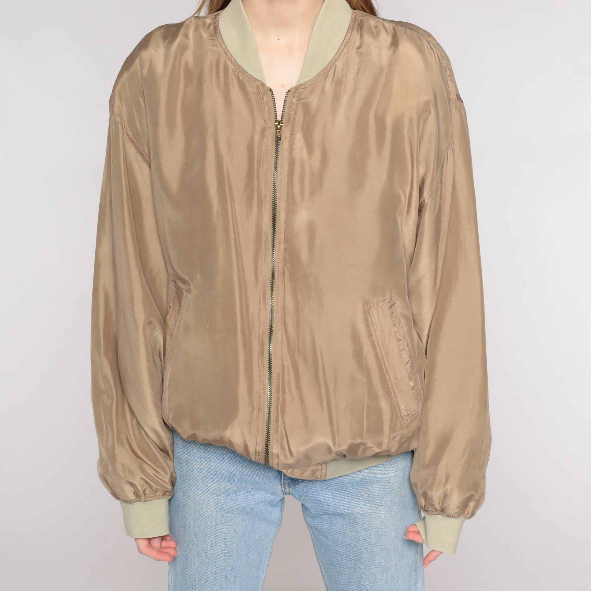 00s Brown Silk Bomber Jacket Zip-Up Windbreaker Medium M