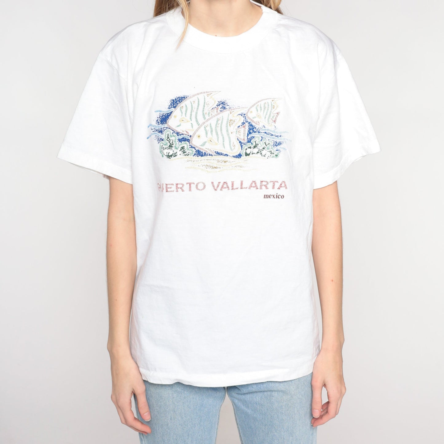 Y2K Puerto Vallarta Tropical Fish Graphic T-Shirt White Cotton Large L