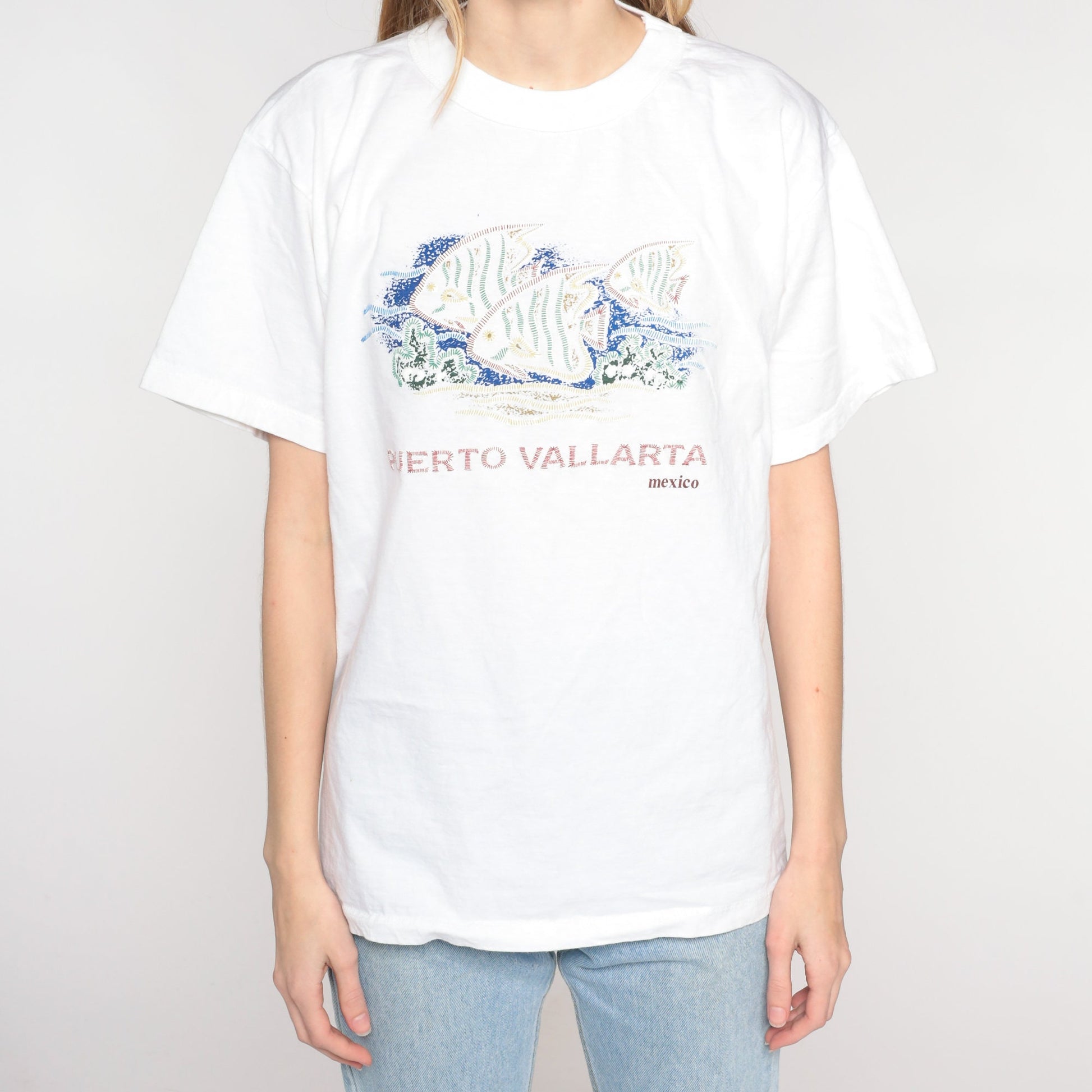 Y2K Puerto Vallarta Tropical Fish Graphic T-Shirt White Cotton Large L