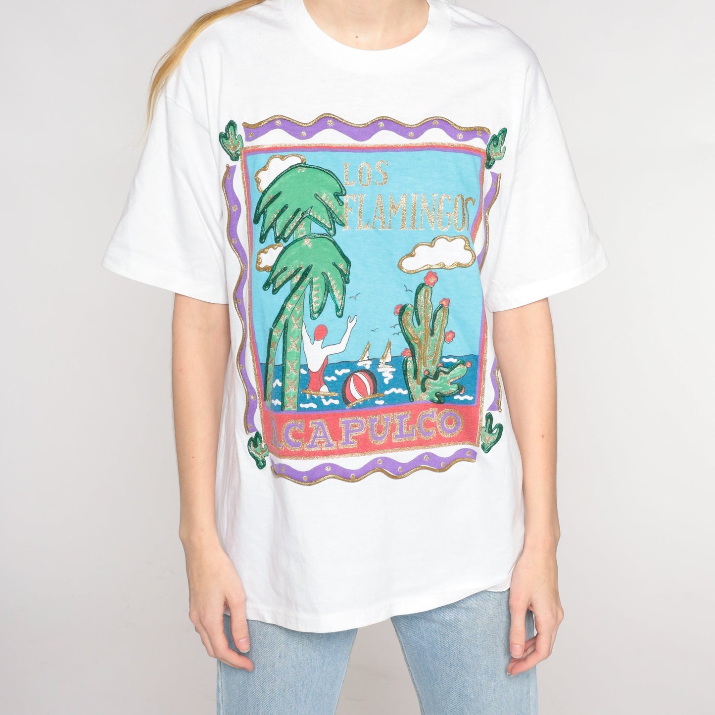 90s Los Flamingos Acapulco Resort T-Shirt Glitter Puff Paint Beach Graphic Medium Large