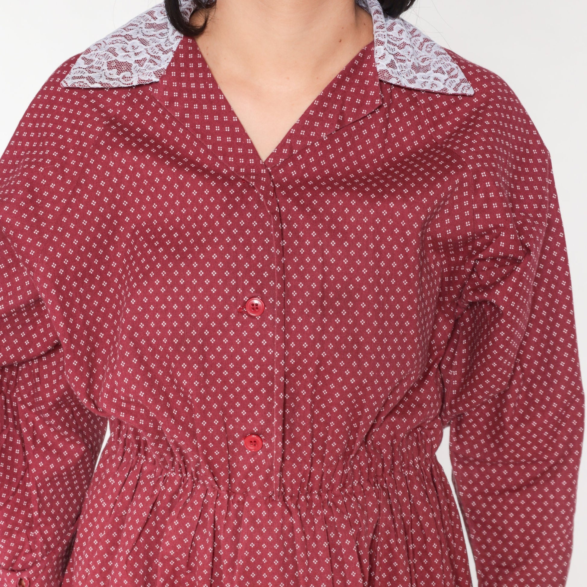 80s Burgundy Midi Shirtdress Lace Collar Geometric Button-Up Small Medium