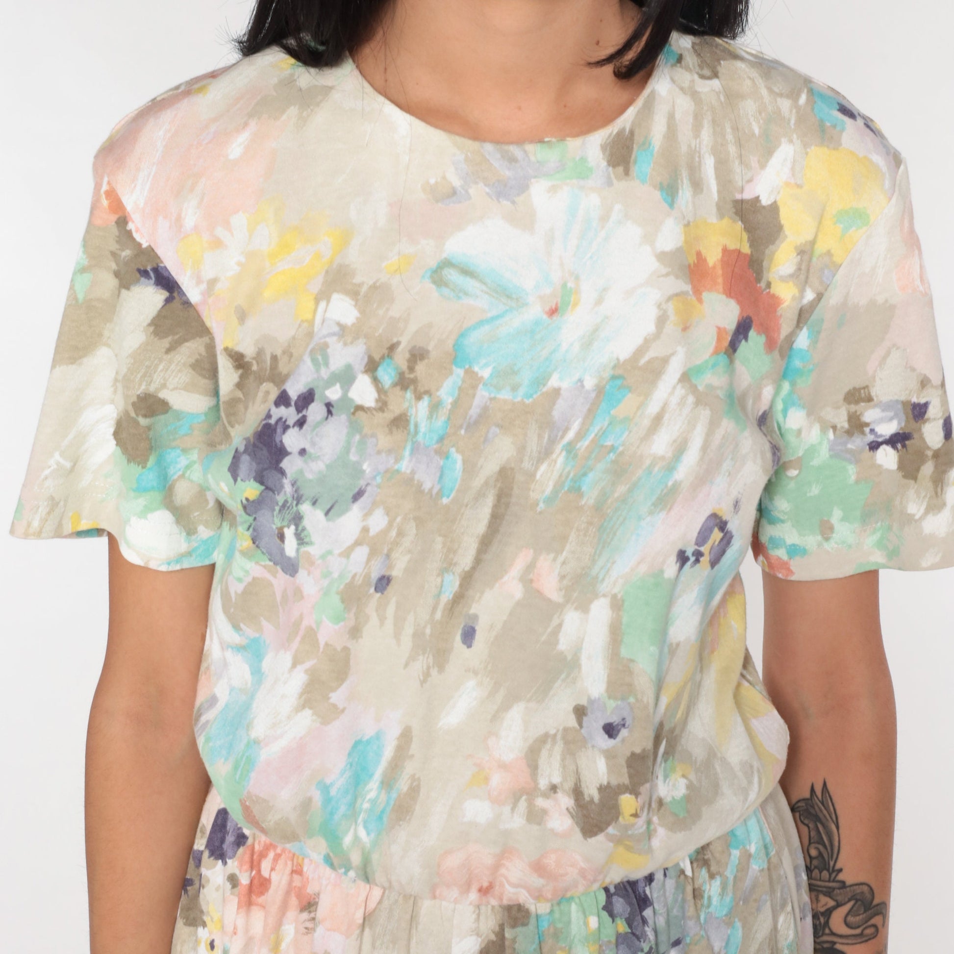 80s Watercolour Floral Midi Dress High Waist Short Sleeve Brown White Medium