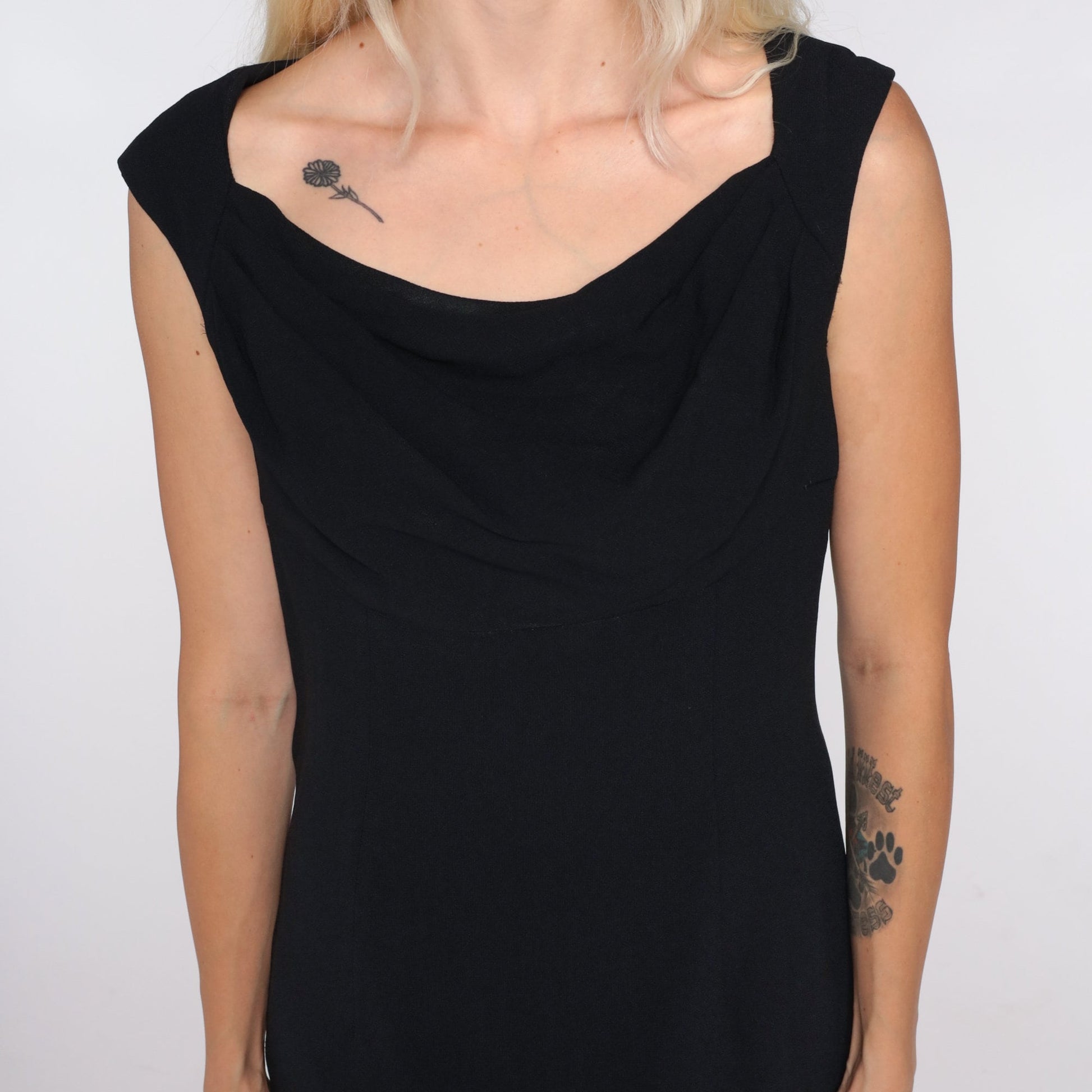 60s Black Shift Mini Dress Sleeveless Cowl Neck Small S