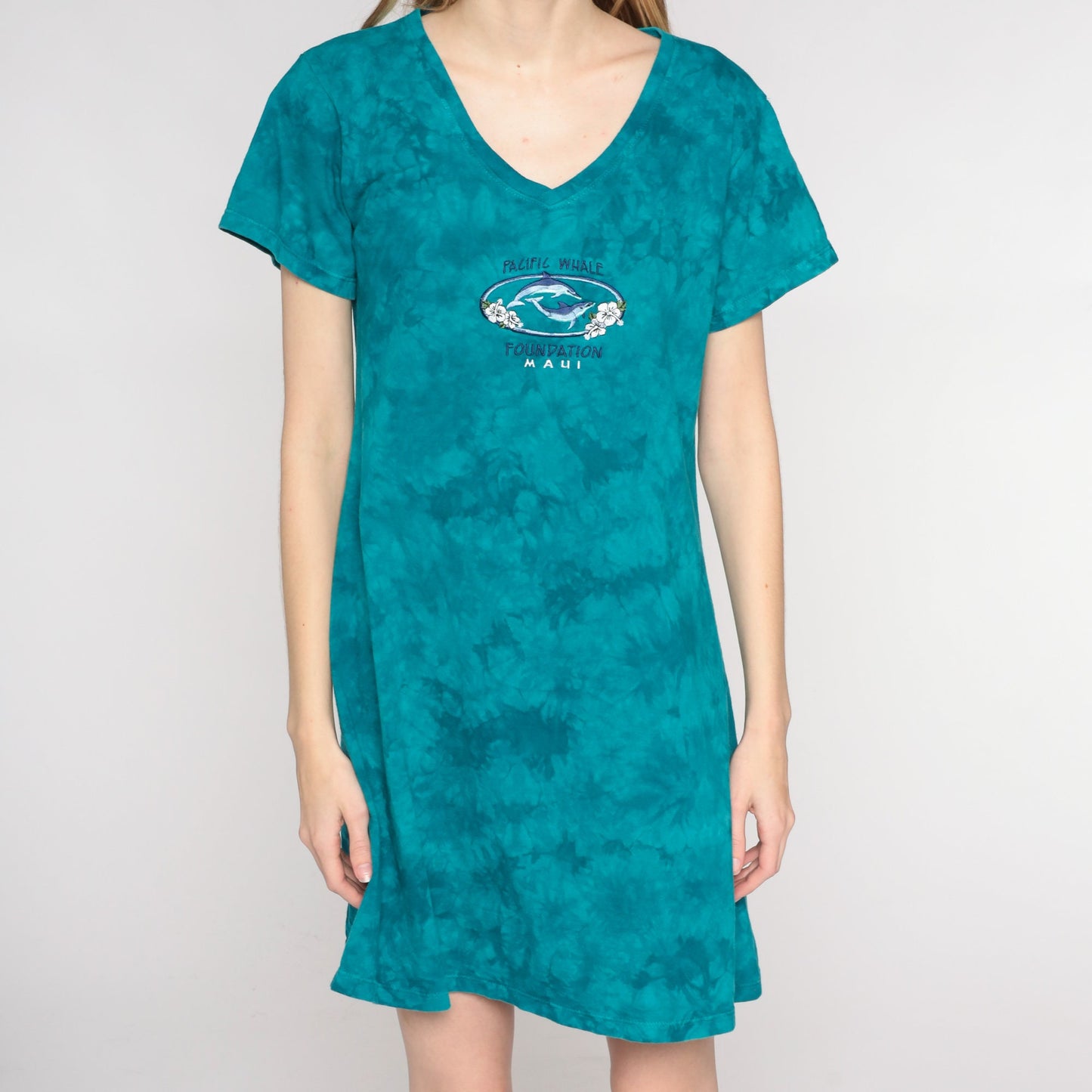 Y2K Tie Dye Pacific Whale Foundation Maui Mini Dress Blue-Green Cotton Medium