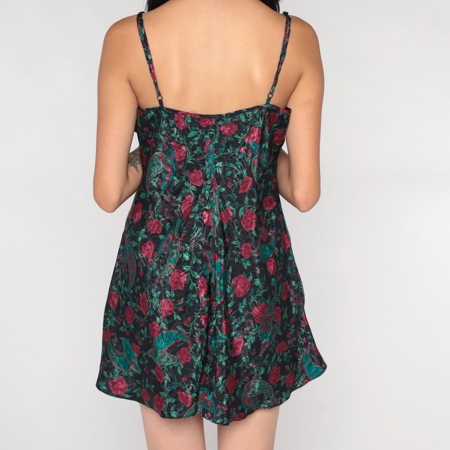 90s Floral Paisley Teddy Bodysuit Black Lace Trim Spaghetti Strap Small