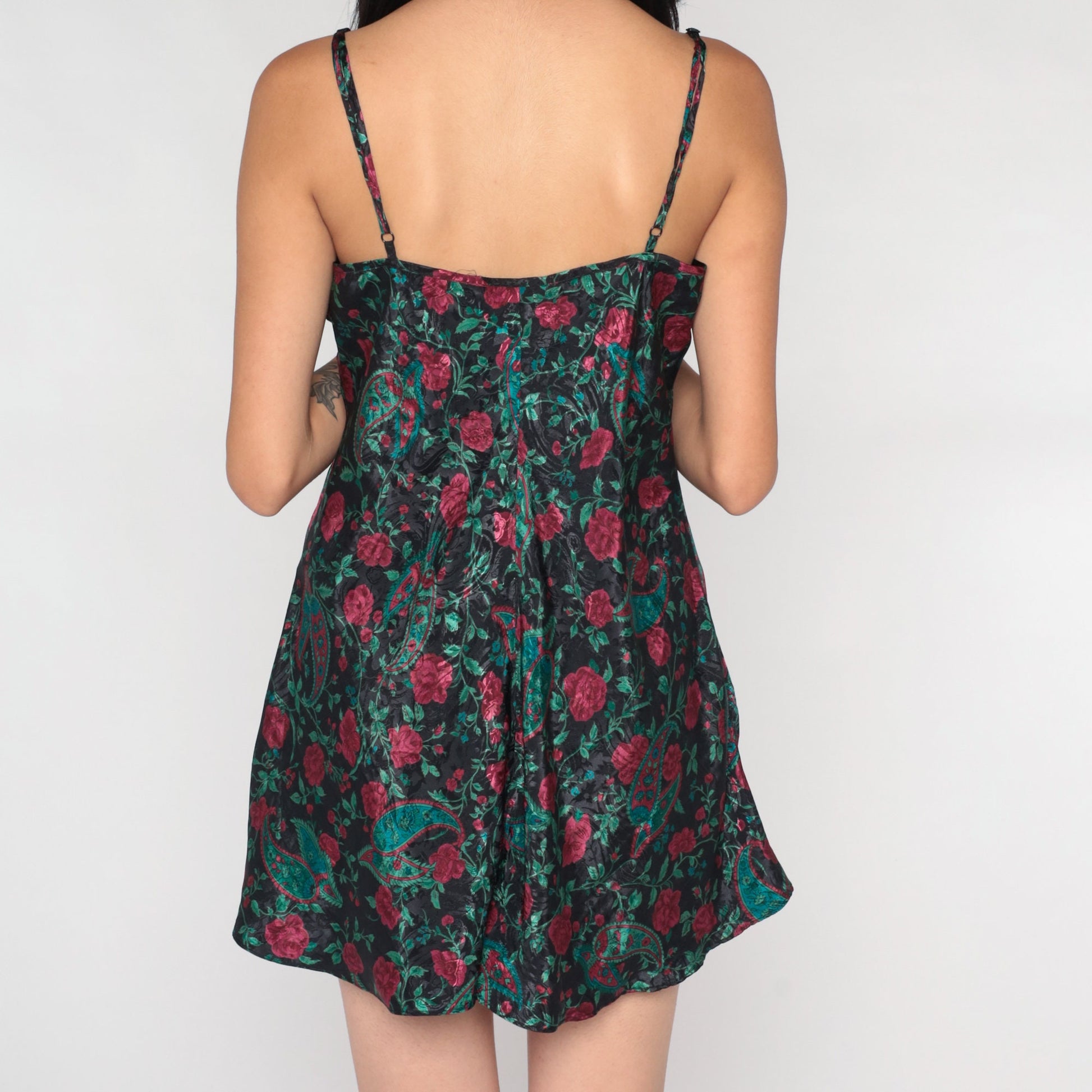 90s Floral Paisley Teddy Bodysuit Black Lace Trim Spaghetti Strap Small